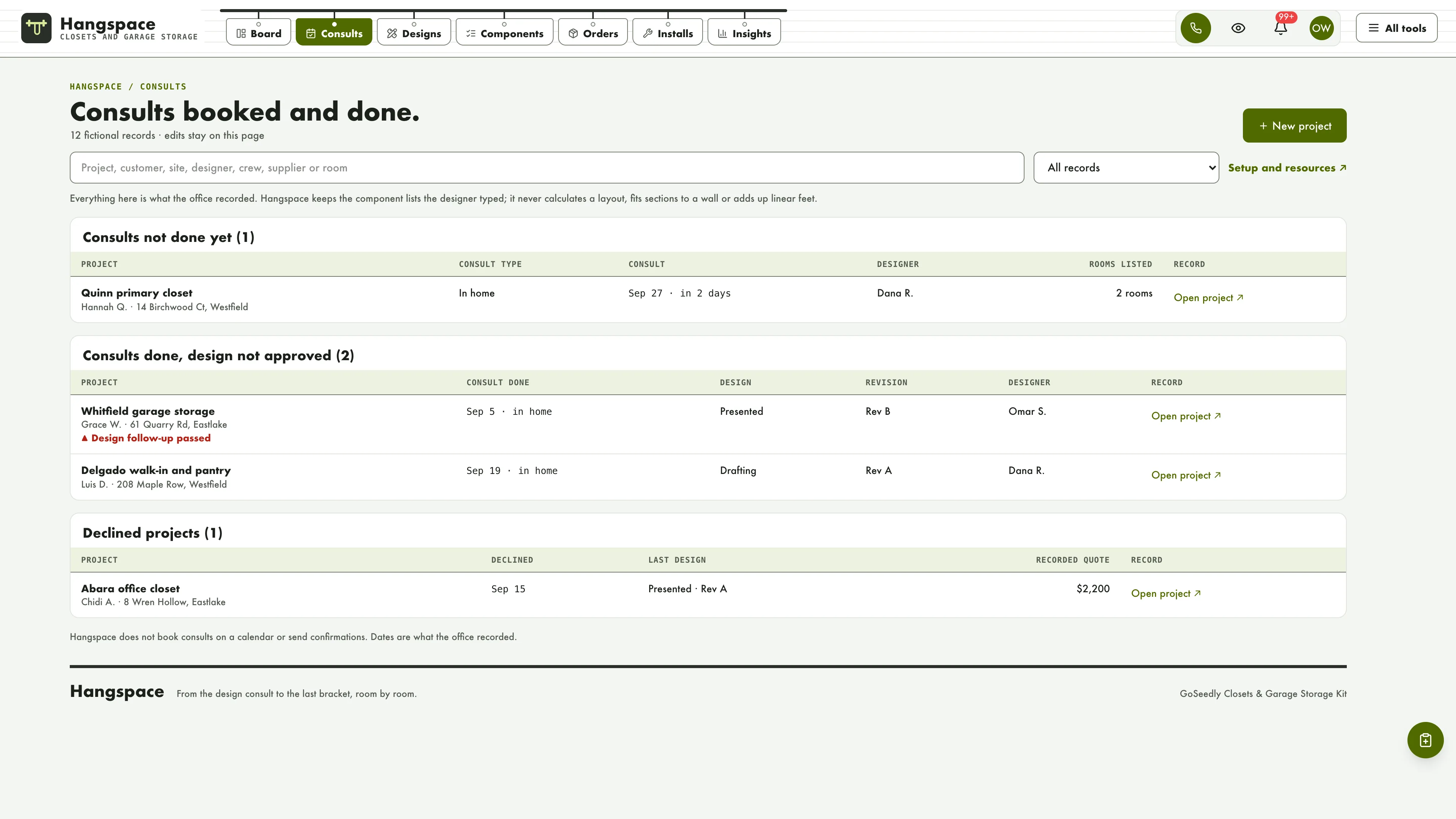 Consults in the GoSeedly Closets & Garage Storage Kit with fictional sample records