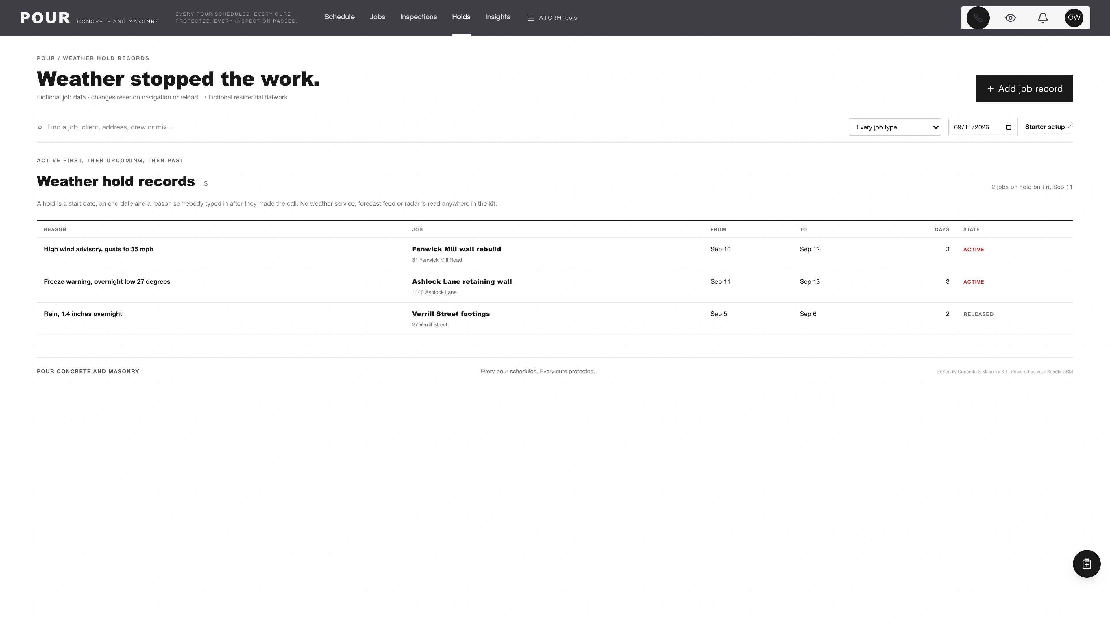 Weather holds in the GoSeedly Concrete & Masonry Kit with fictional sample records