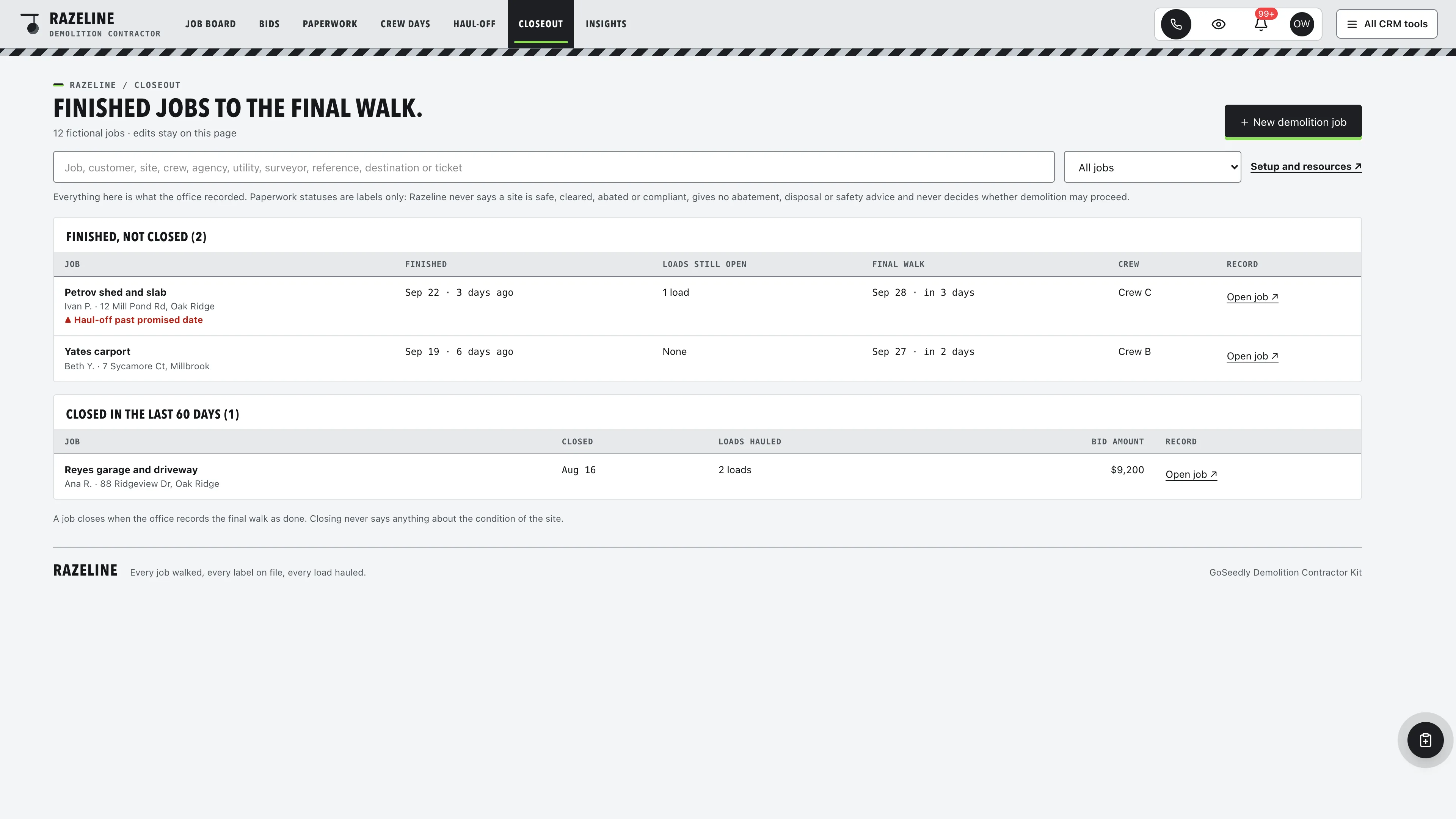 Closeout in the GoSeedly Demolition Contractor Kit with fictional sample records