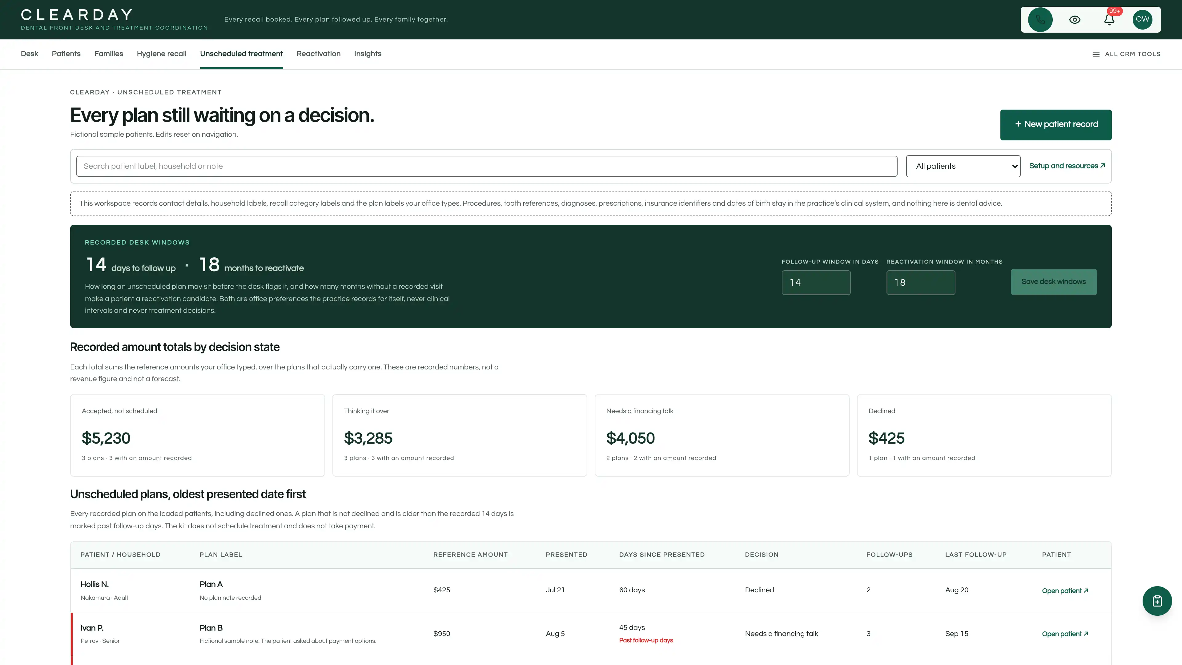 Unscheduled treatment in the GoSeedly Dental Practice Kit with fictional sample records