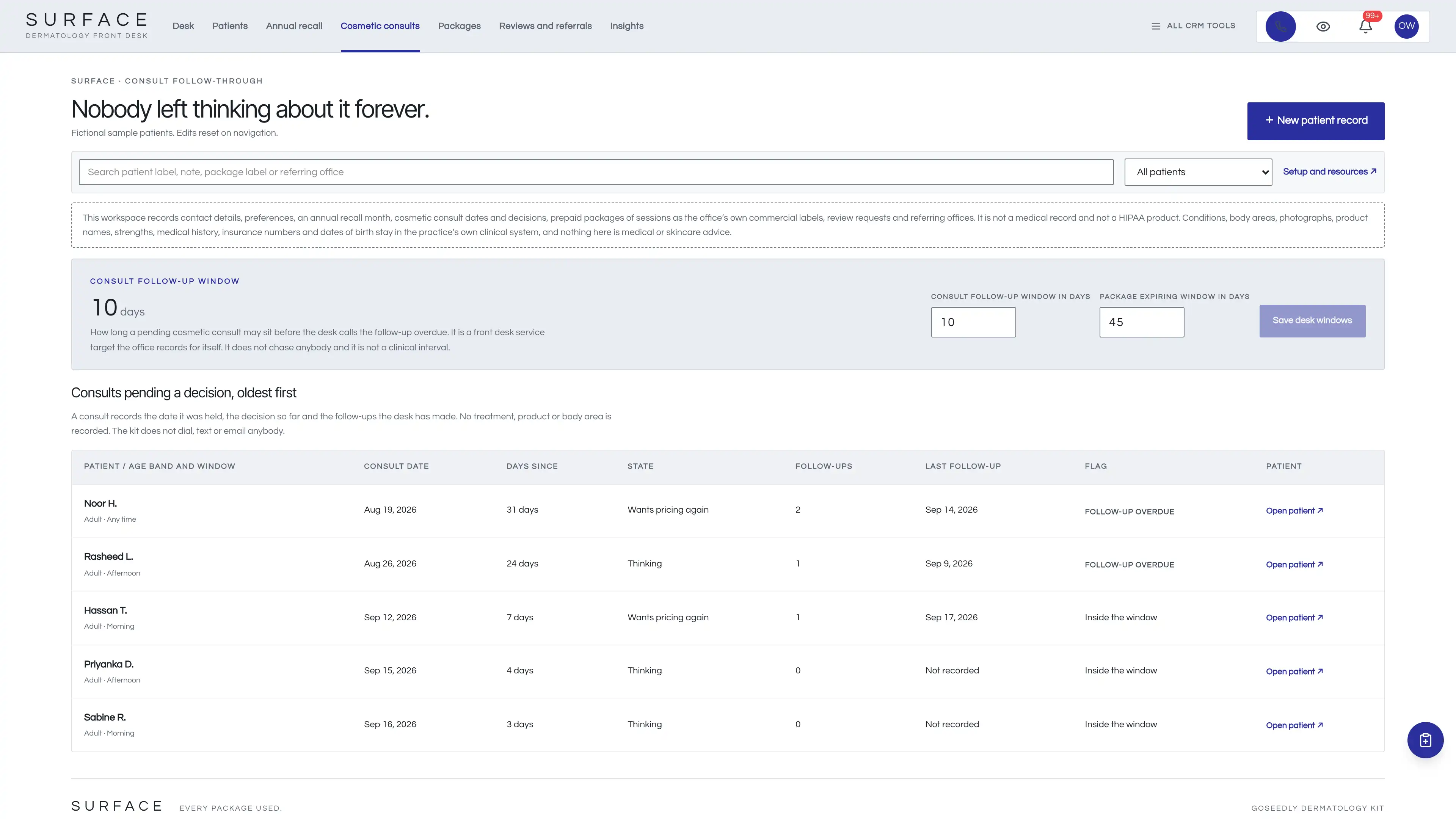 Cosmetic consults in the GoSeedly Dermatology Kit with fictional sample records