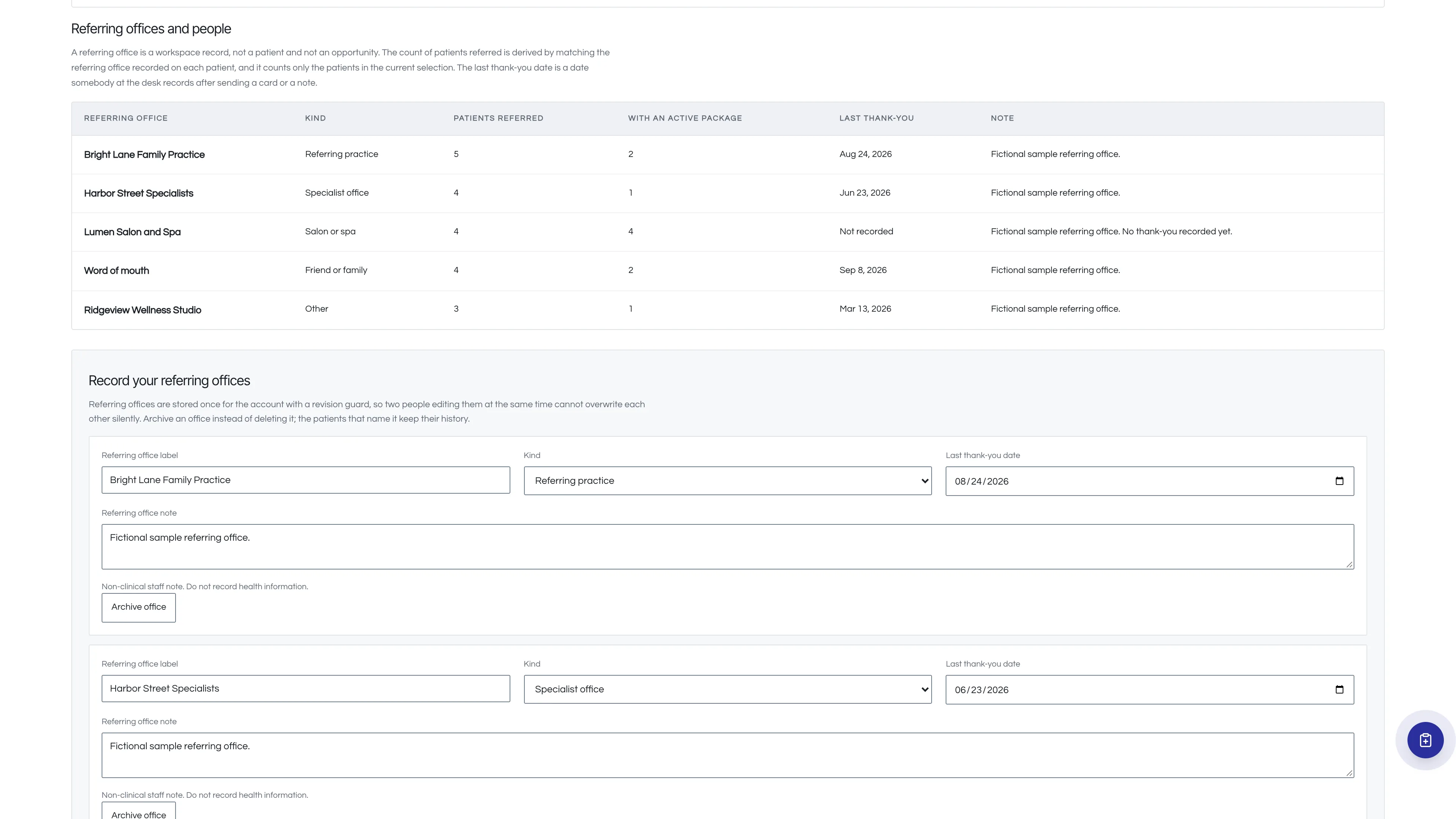 Reviews and referrals in the GoSeedly Dermatology Kit with fictional sample records