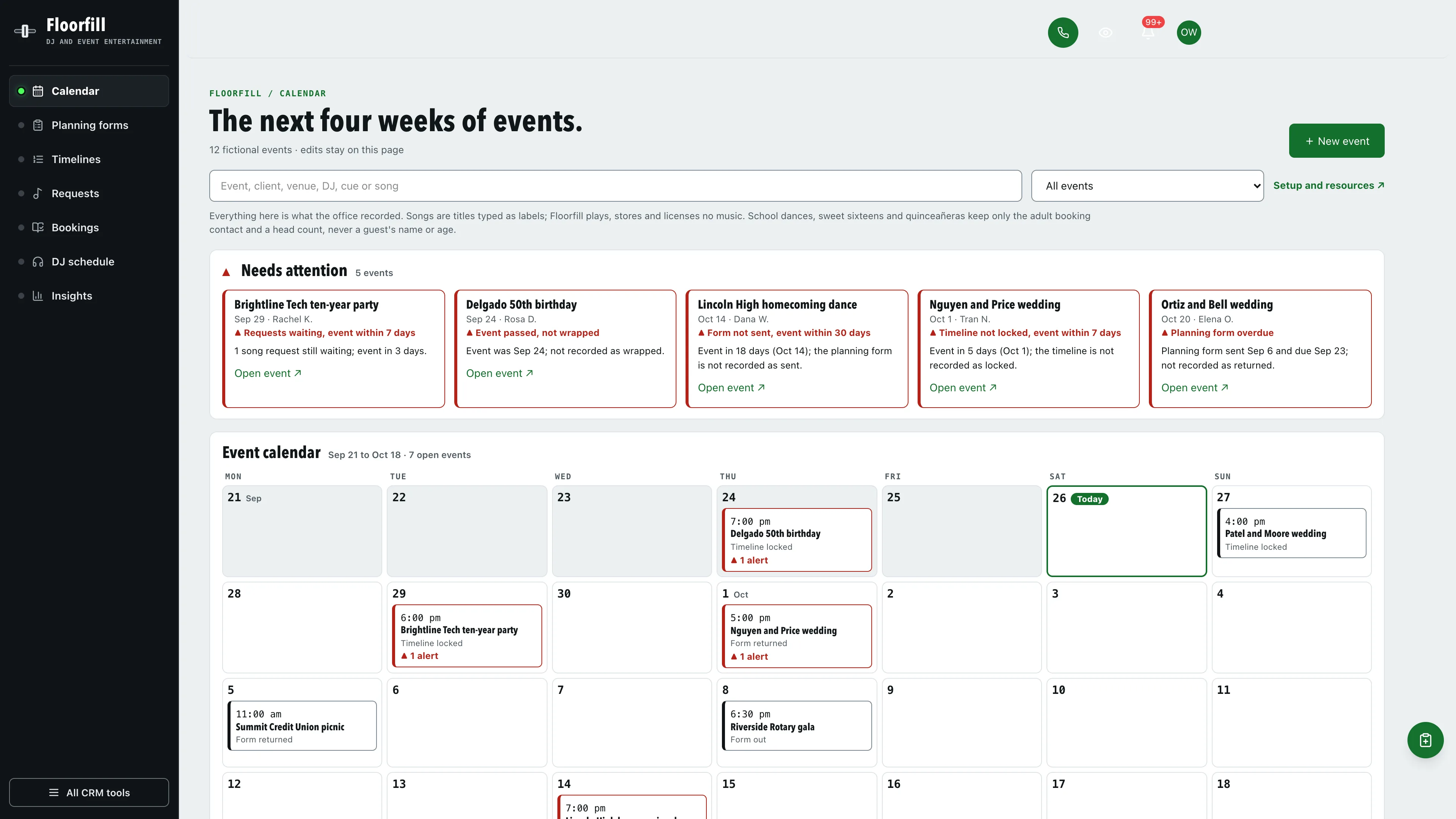 Graphite channel-strip side rail with lit LED channel buttons beside a needs-attention strip of five events and a four-week event calendar with set start times, event names and planning form stages in words, using fictional sample data