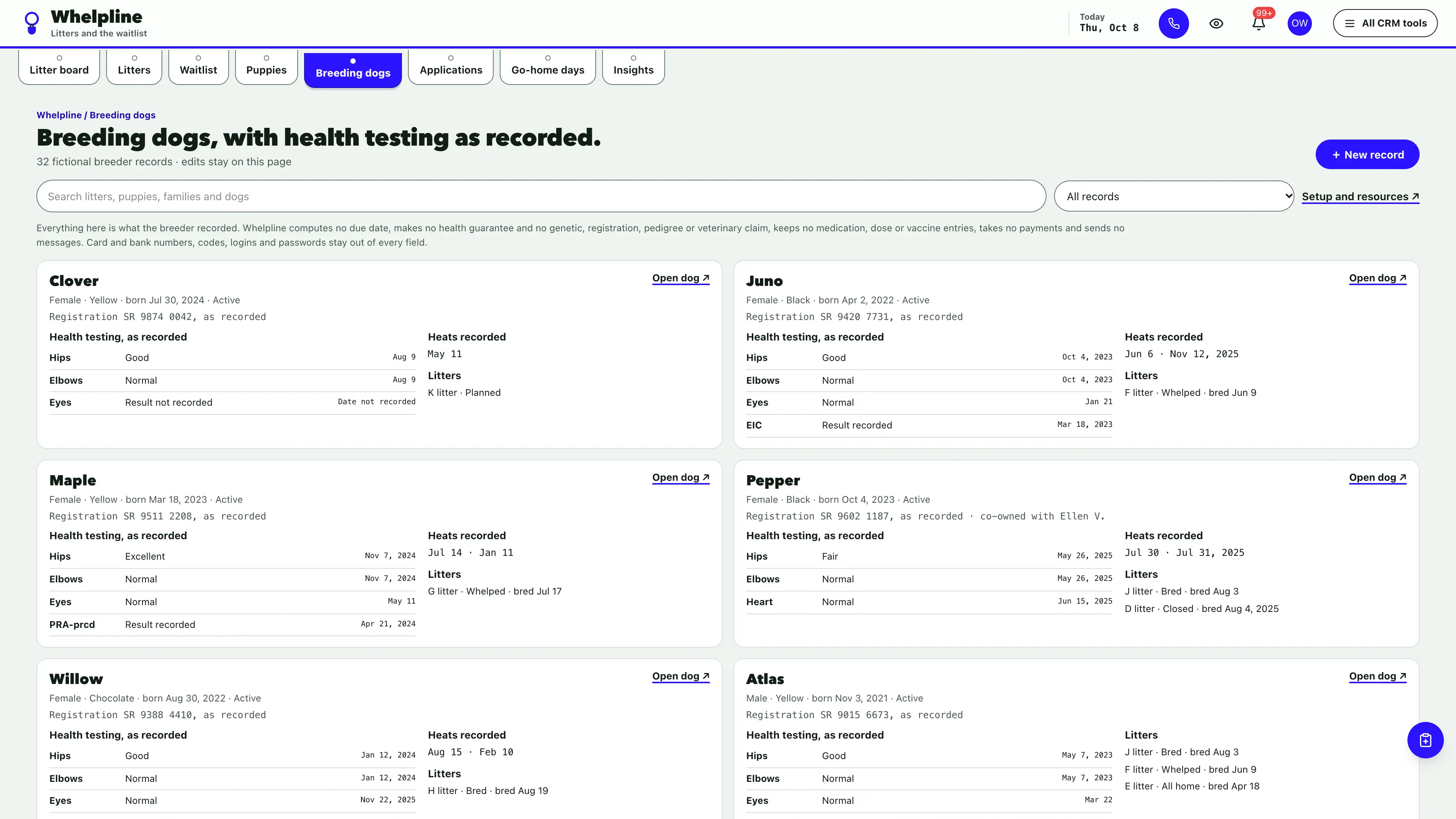 Breeding dogs in the GoSeedly Dog Breeder Kit with fictional sample records