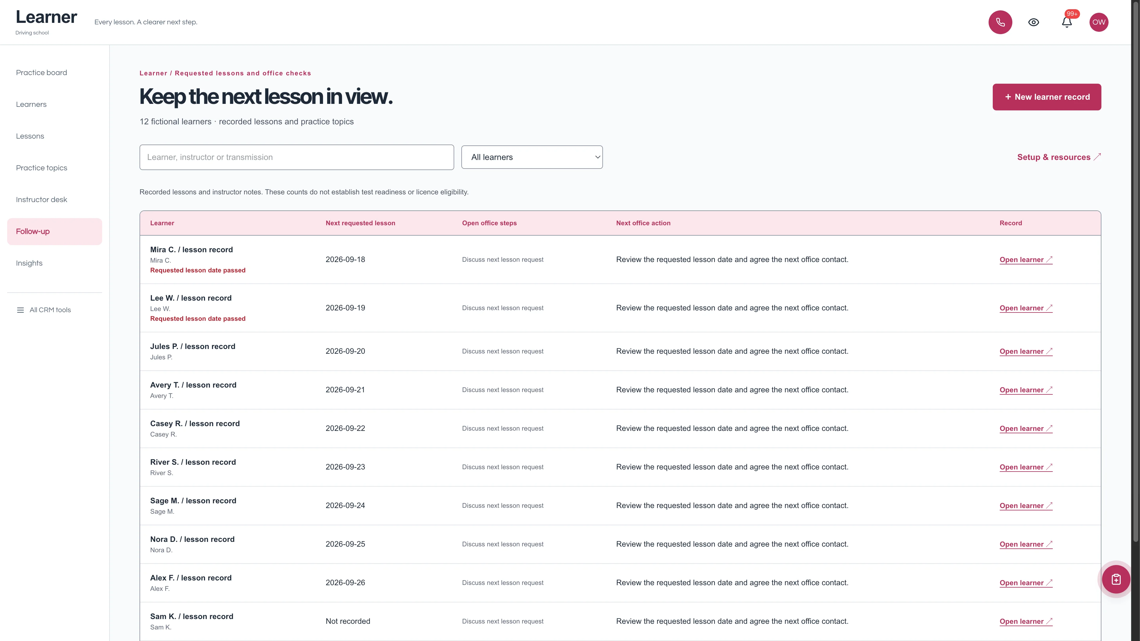 Follow-up in the GoSeedly Driving School Kit with fictional sample records