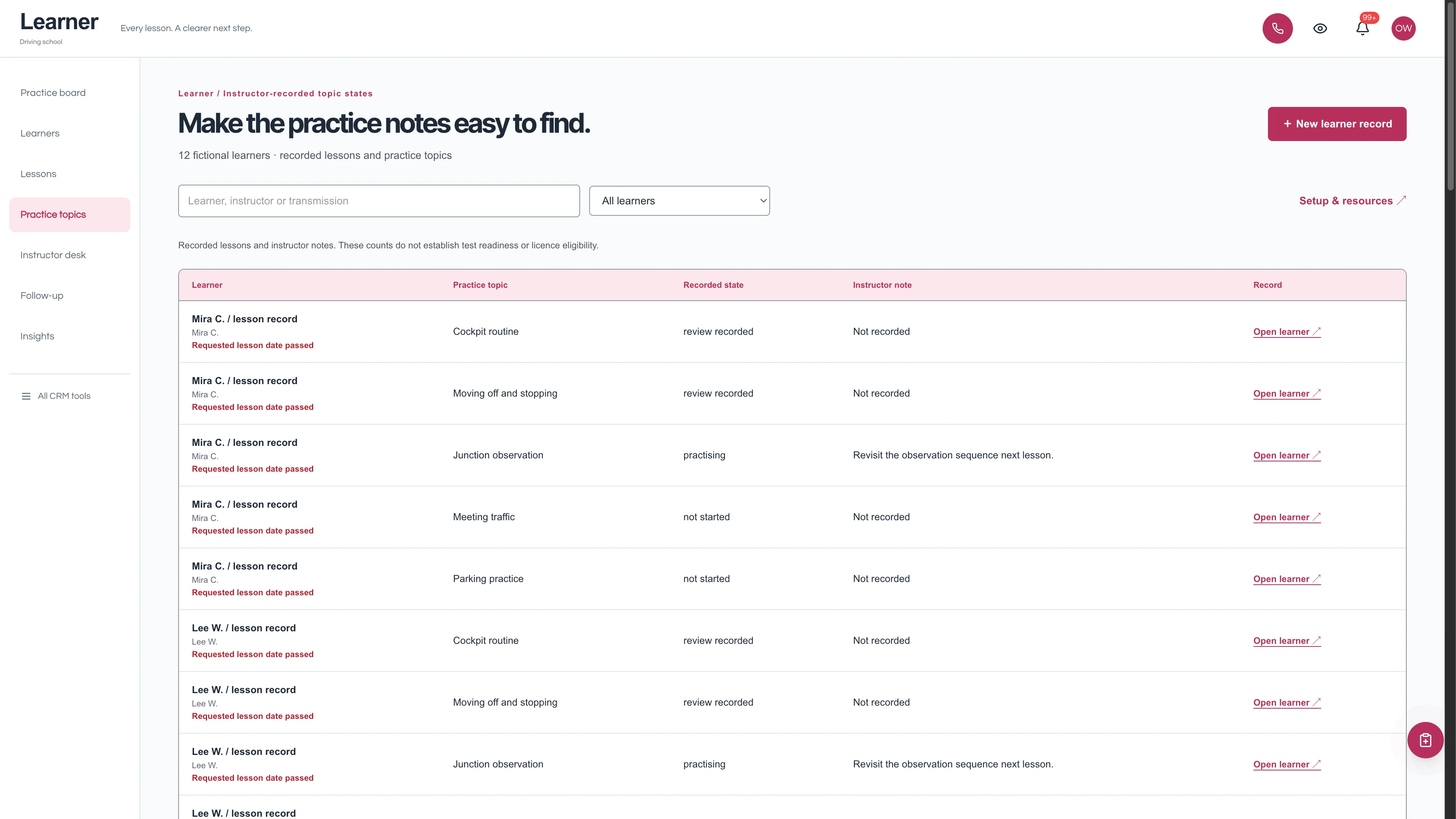 Practice topics in the GoSeedly Driving School Kit with fictional sample records