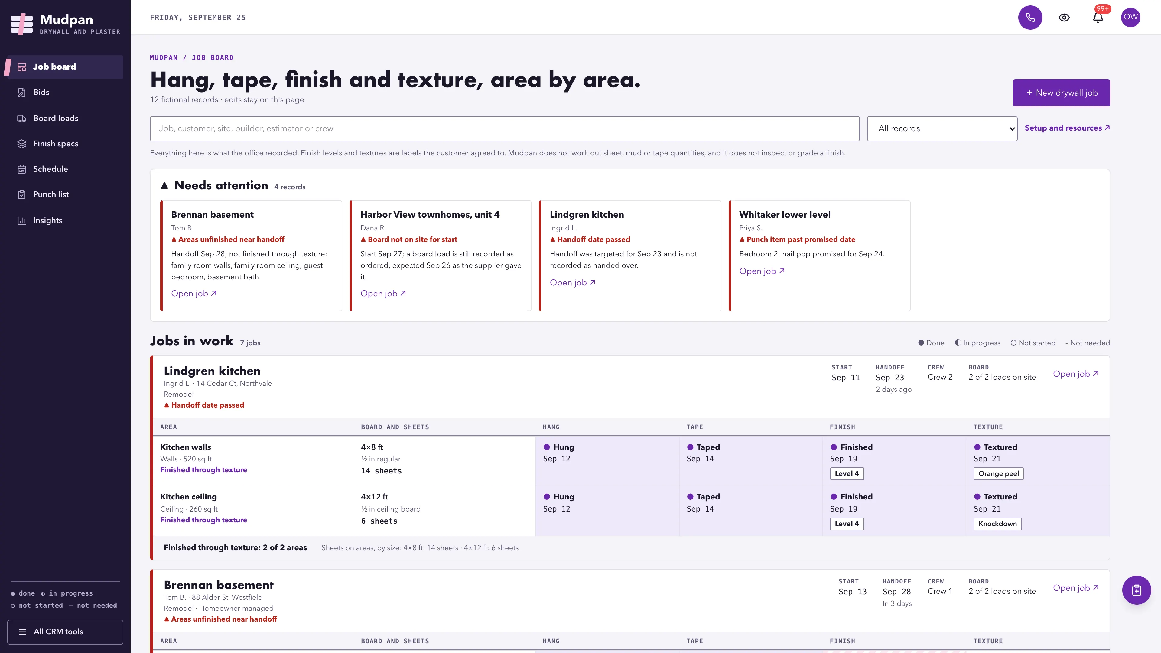 Deep violet side rail with a pink tape strip on the current view beside a needs-attention strip and job cards, each with an area matrix of board and sheets as recorded and hang, tape, finish and texture cells with glyphs, dates, finish level and texture labels, using fictional sample data
