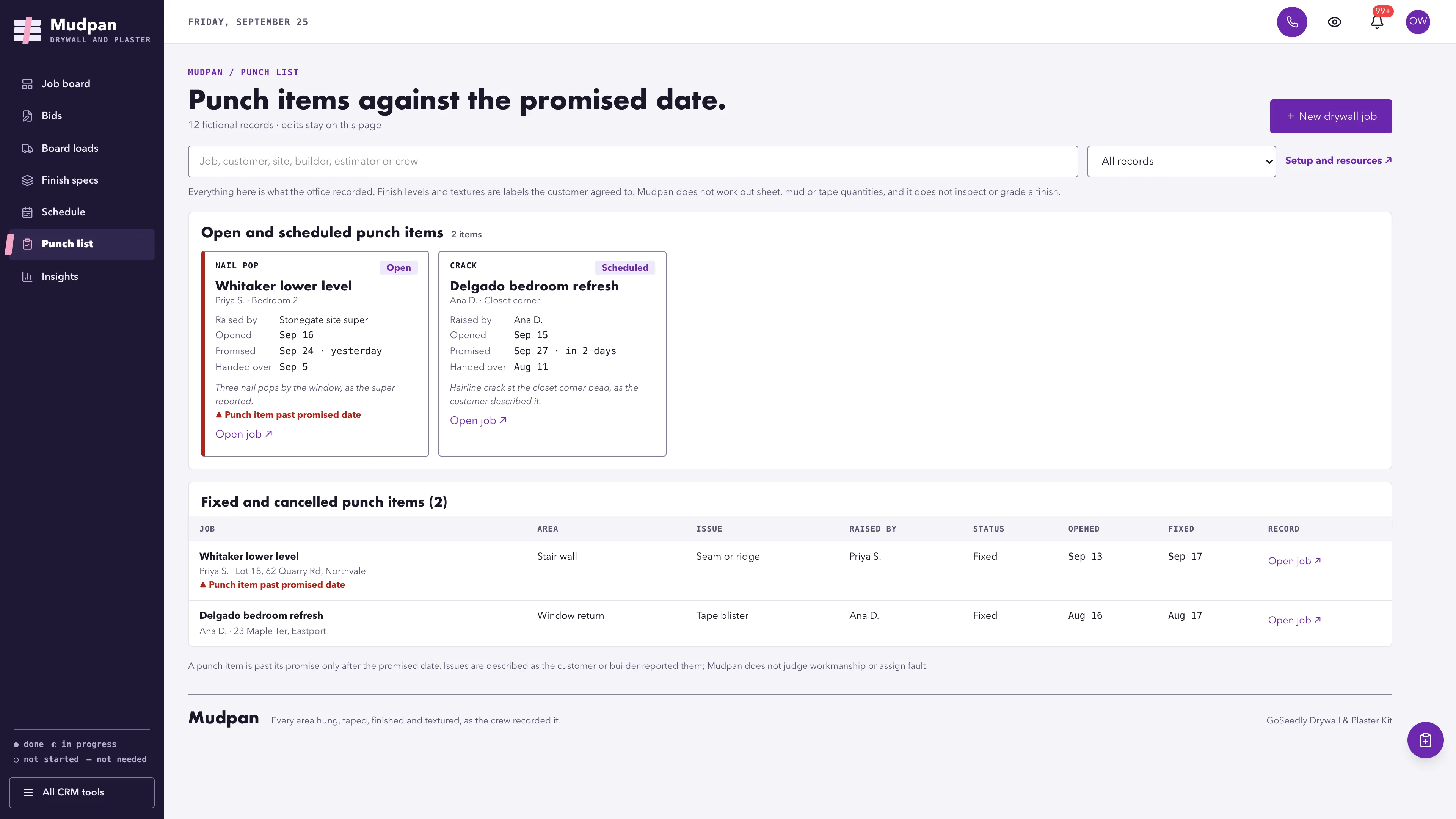 Punch list in the GoSeedly Drywall & Plaster Kit with fictional sample records