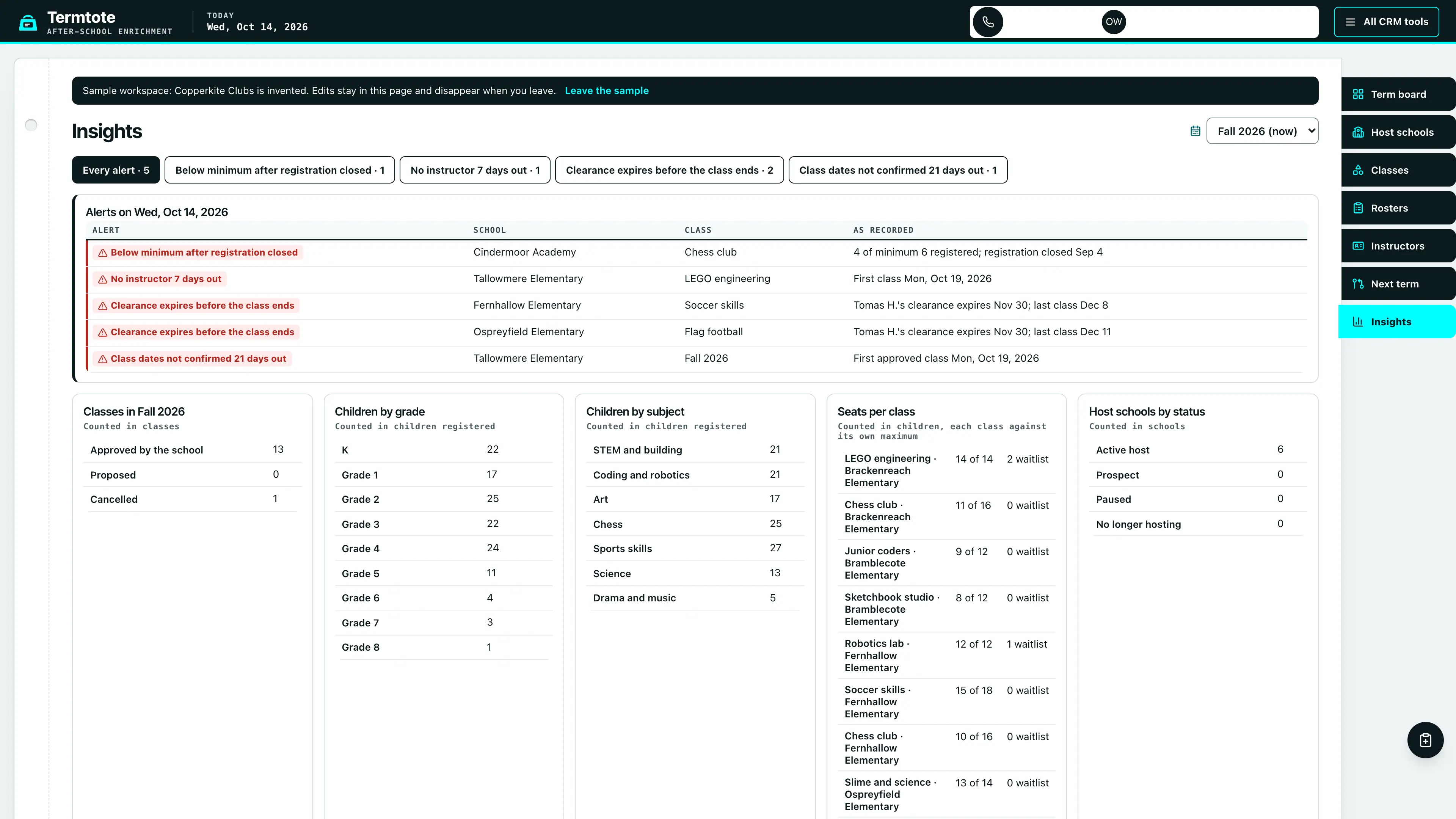 Insights in the GoSeedly After-School Enrichment Provider Kit with fictional sample records