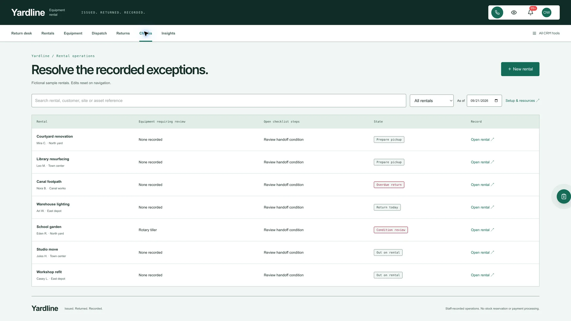 Checks in the GoSeedly Equipment Rental Kit with fictional sample records