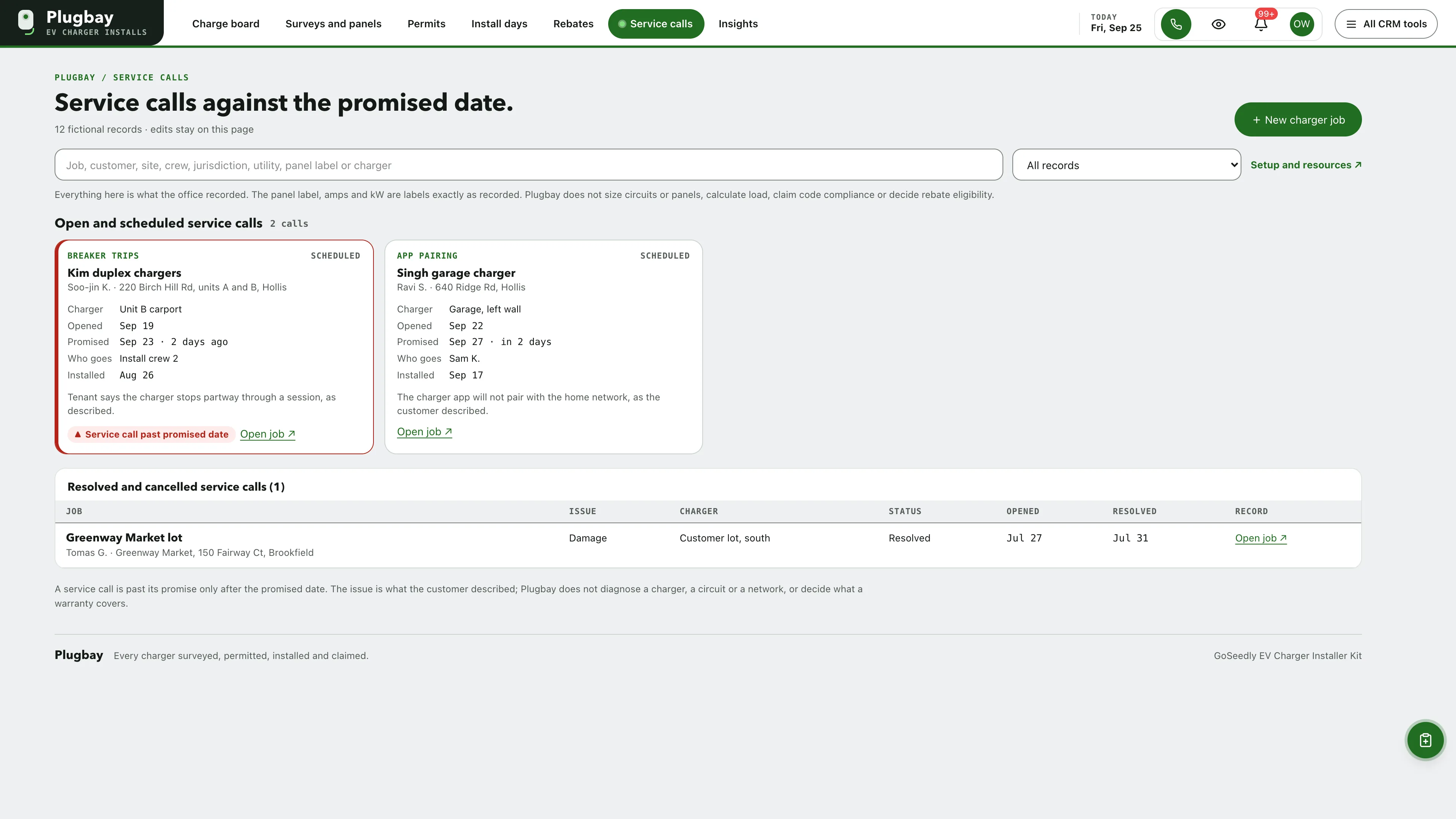 Service calls in the GoSeedly EV Charger Installer Kit with fictional sample records
