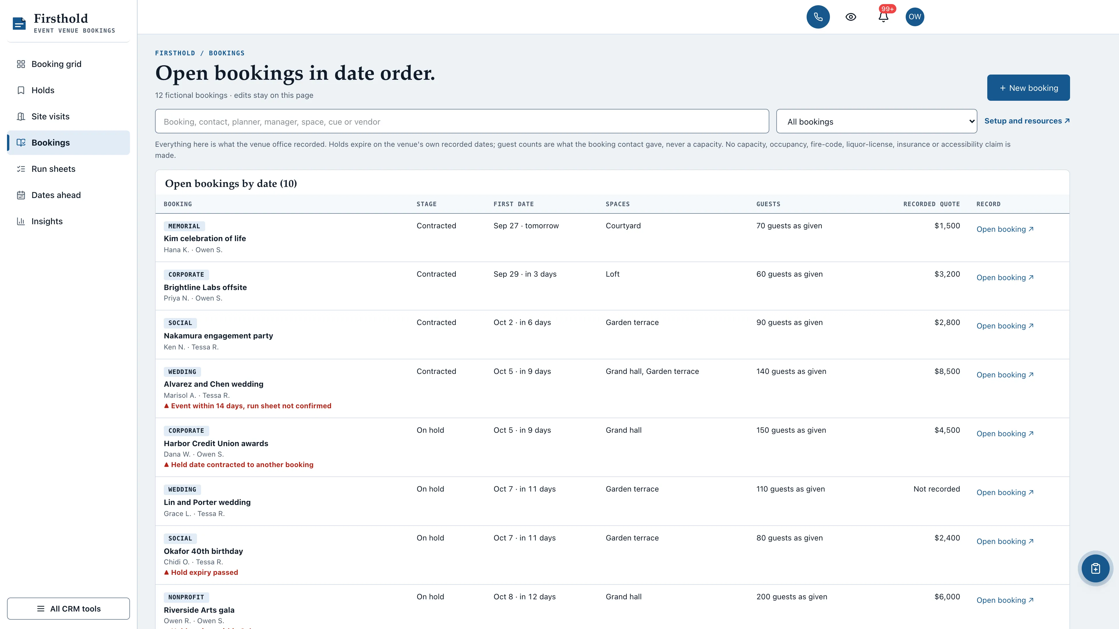 Bookings in the GoSeedly Event Venue Kit with fictional sample records