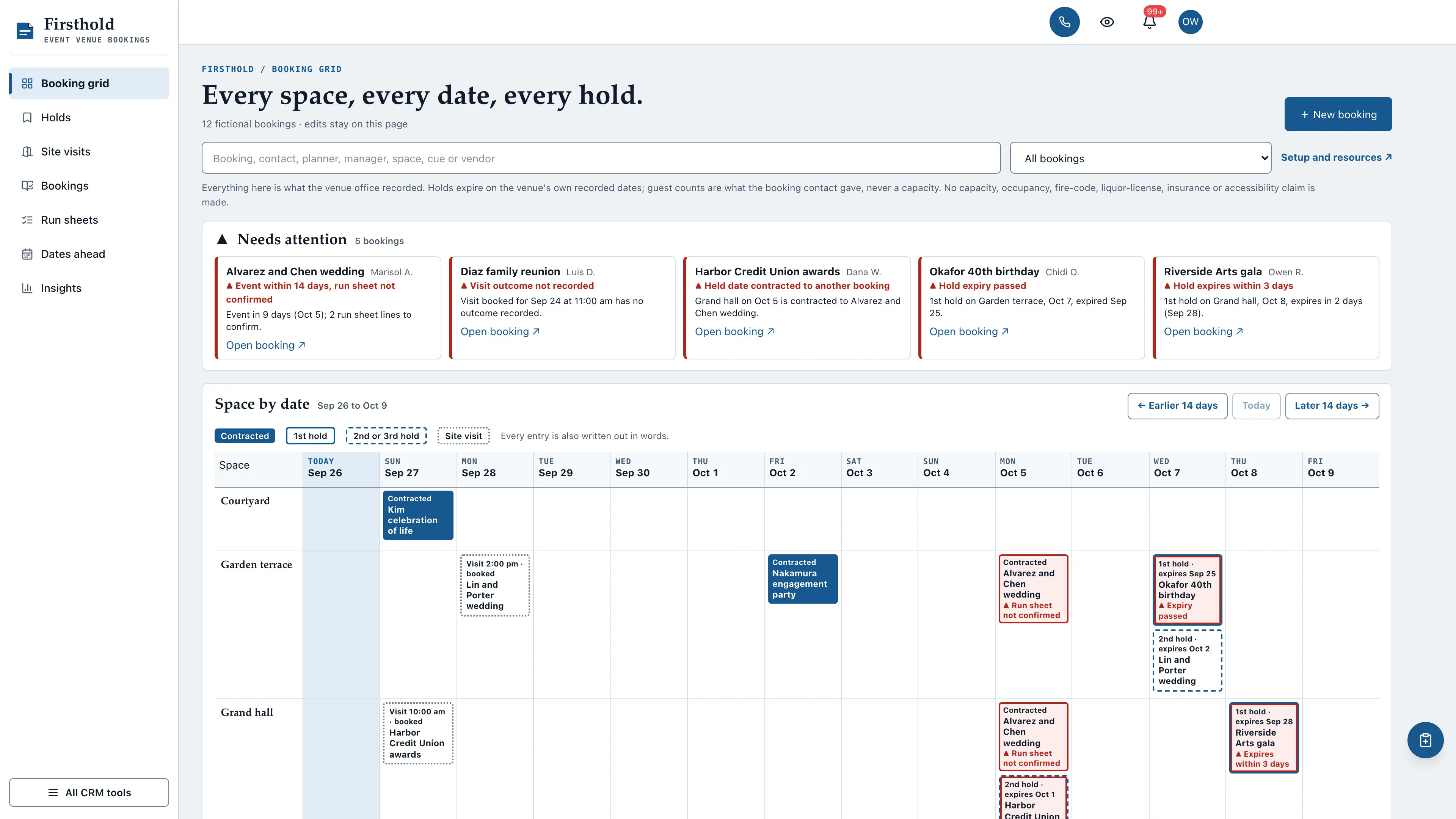 Light side rail beside a needs-attention strip and a 14-day space-by-date grid of four venue spaces with solid contracted blocks, outlined first holds, dashed second holds and dotted site visits, each labelled in words with expiry dates, using fictional sample data
