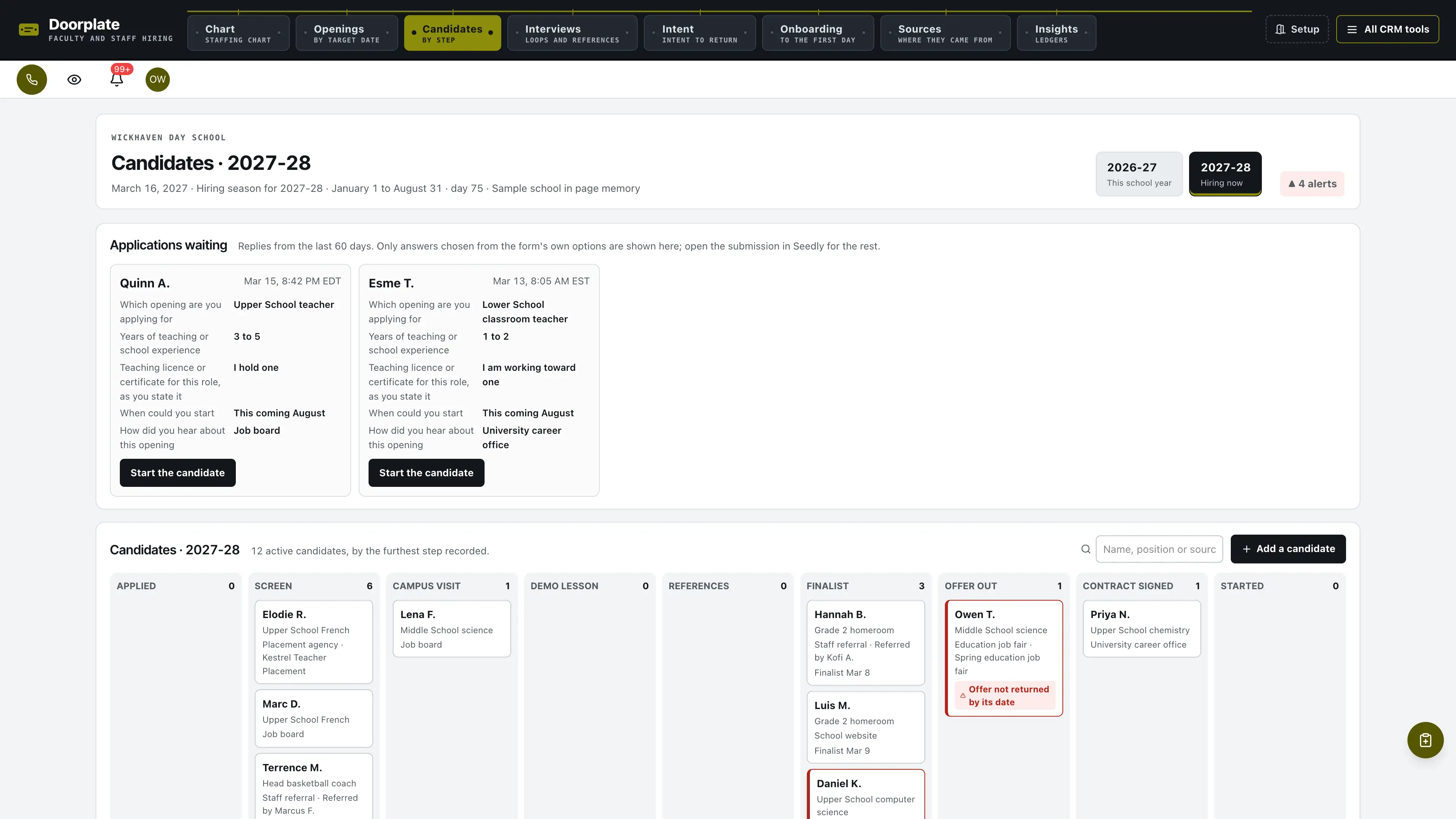 Candidates in the GoSeedly Faculty & Staff Hiring Kit with fictional sample records