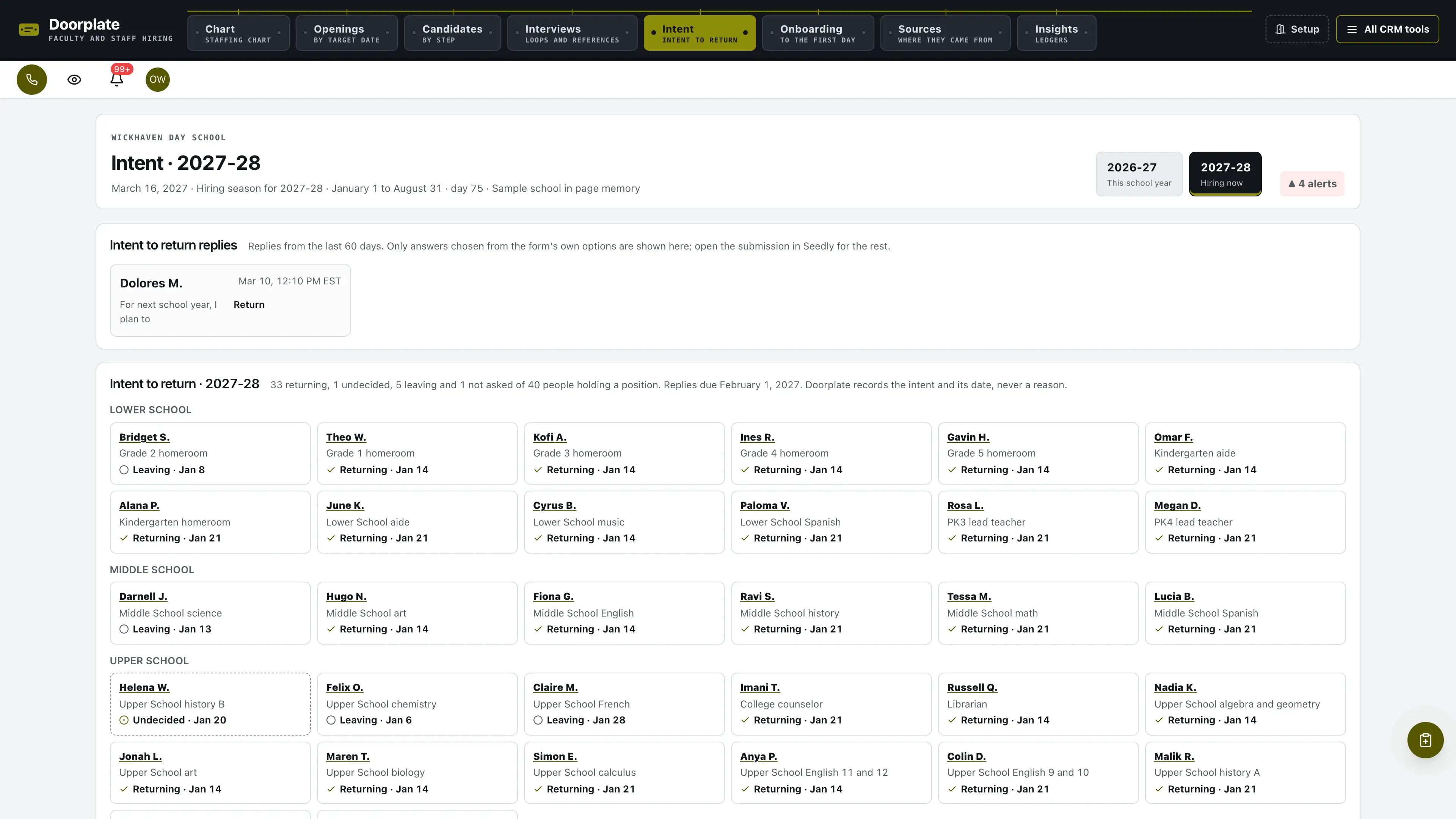 Intent in the GoSeedly Faculty & Staff Hiring Kit with fictional sample records