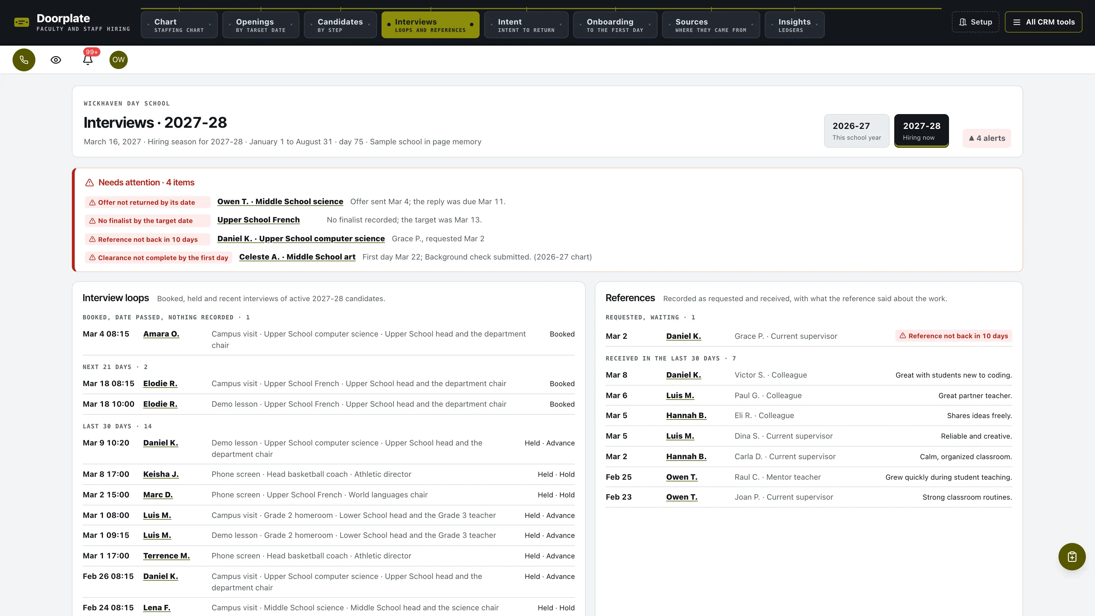 Interviews in the GoSeedly Faculty & Staff Hiring Kit with fictional sample records