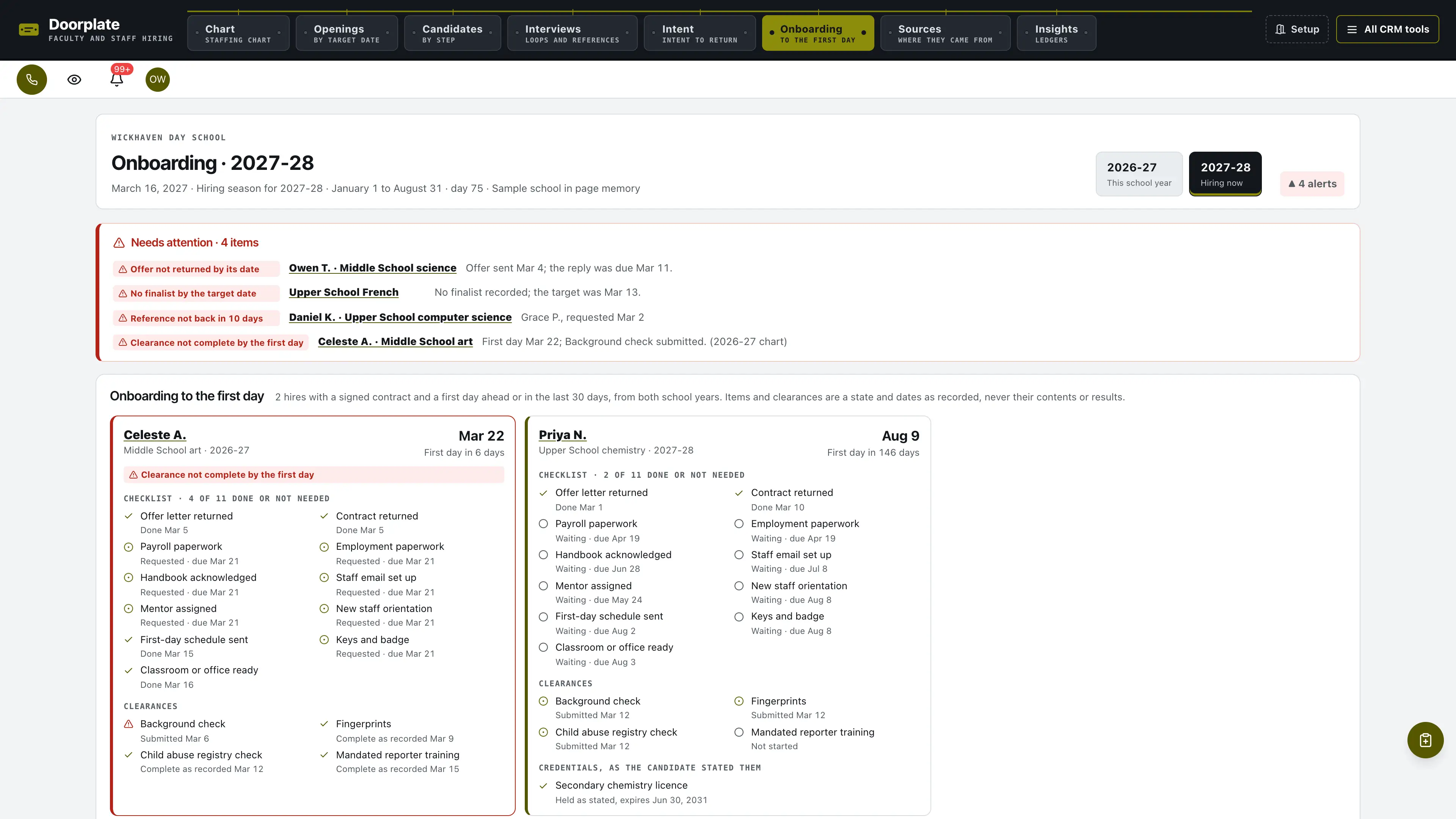 Onboarding in the GoSeedly Faculty & Staff Hiring Kit with fictional sample records
