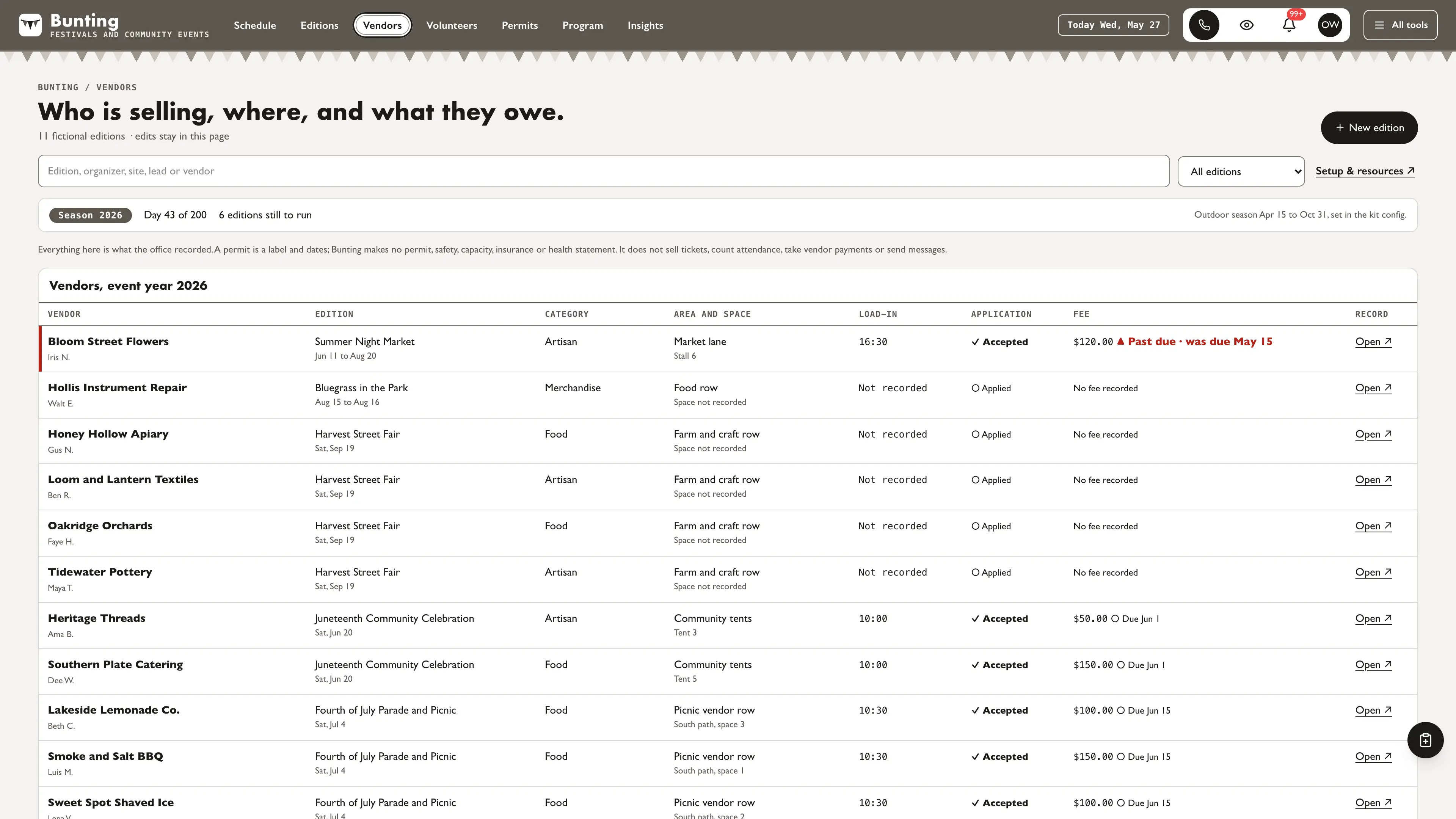 Vendors in the GoSeedly Festivals & Community Events Kit with fictional sample records