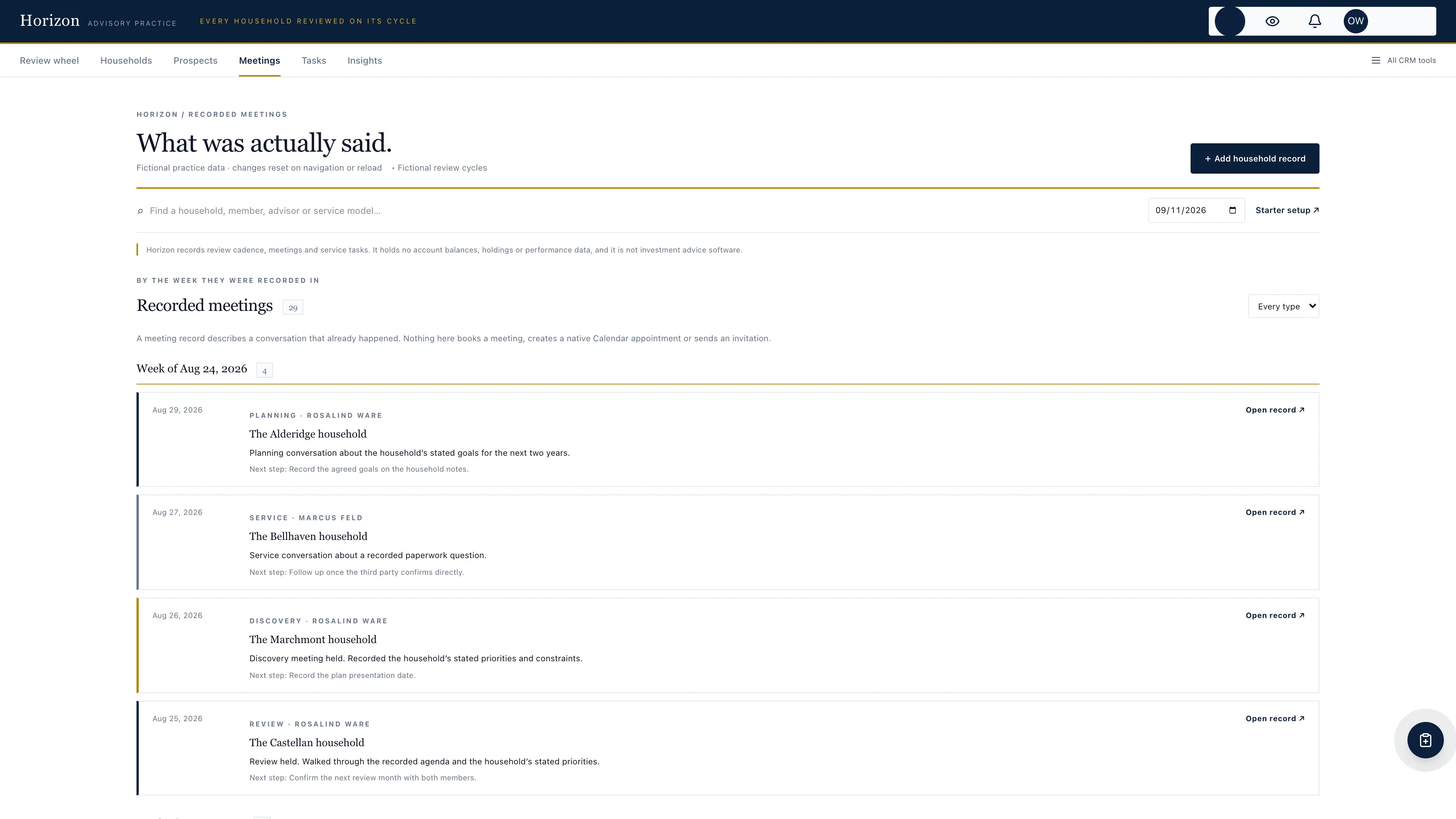 Recorded meetings in the GoSeedly Financial Advisor Kit with fictional sample records