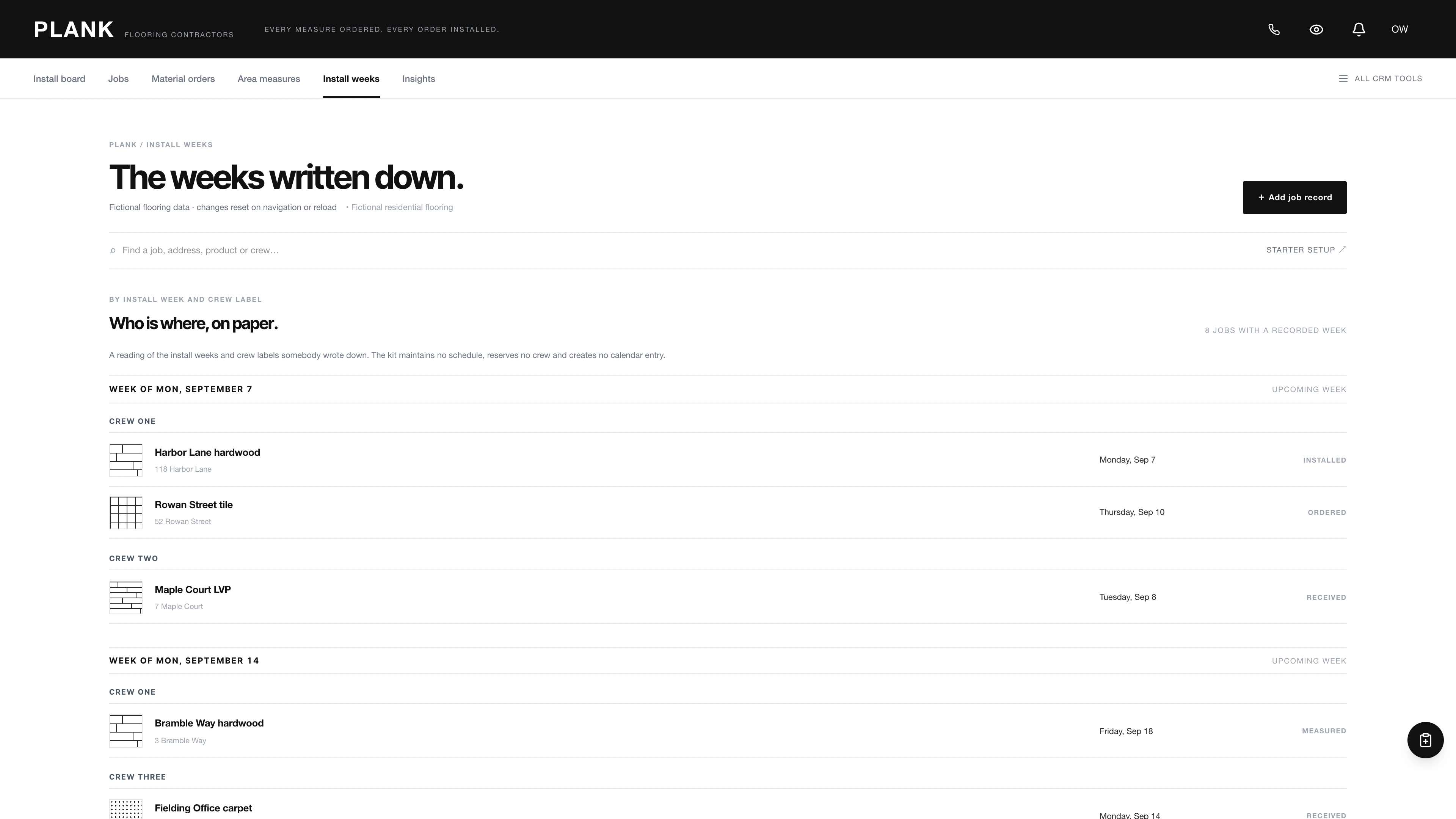 Install weeks in the GoSeedly Flooring Kit with fictional sample records