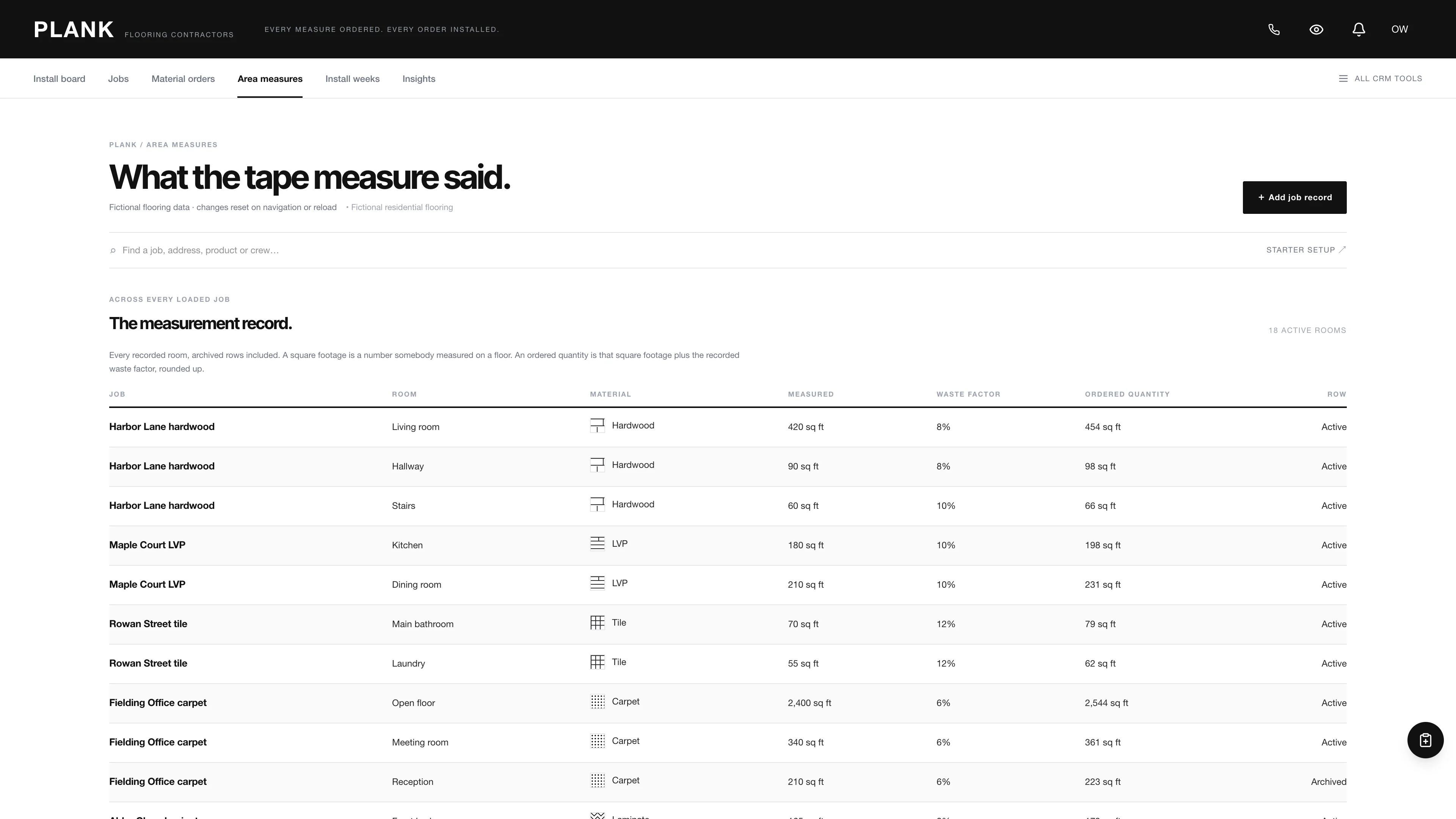 Area measures in the GoSeedly Flooring Kit with fictional sample records