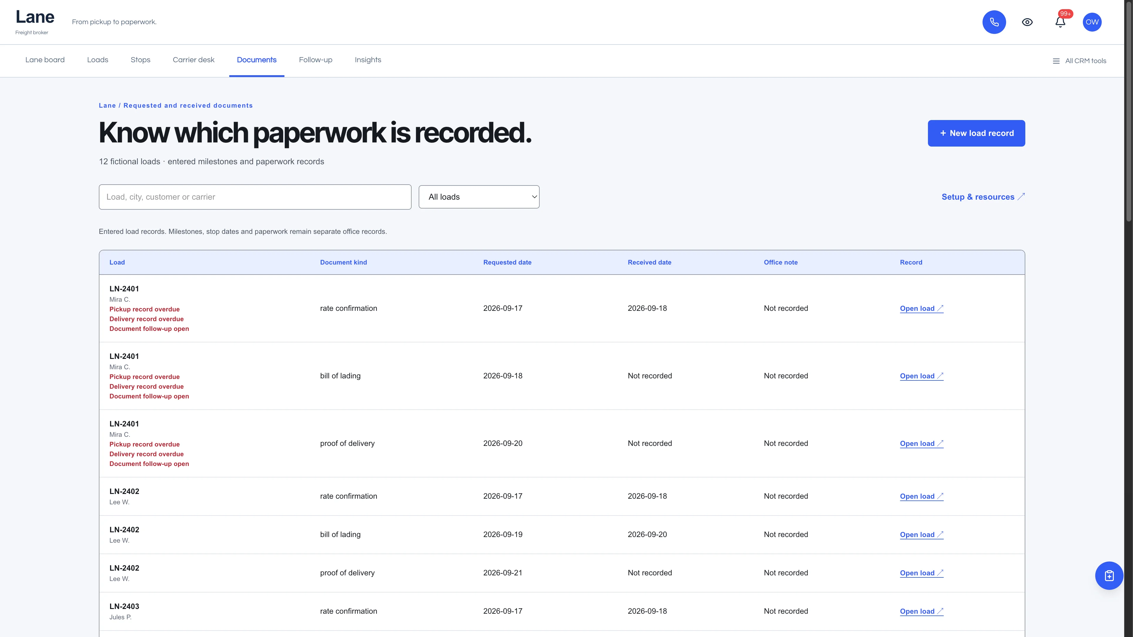 Documents in the GoSeedly Freight Broker Kit with fictional sample records