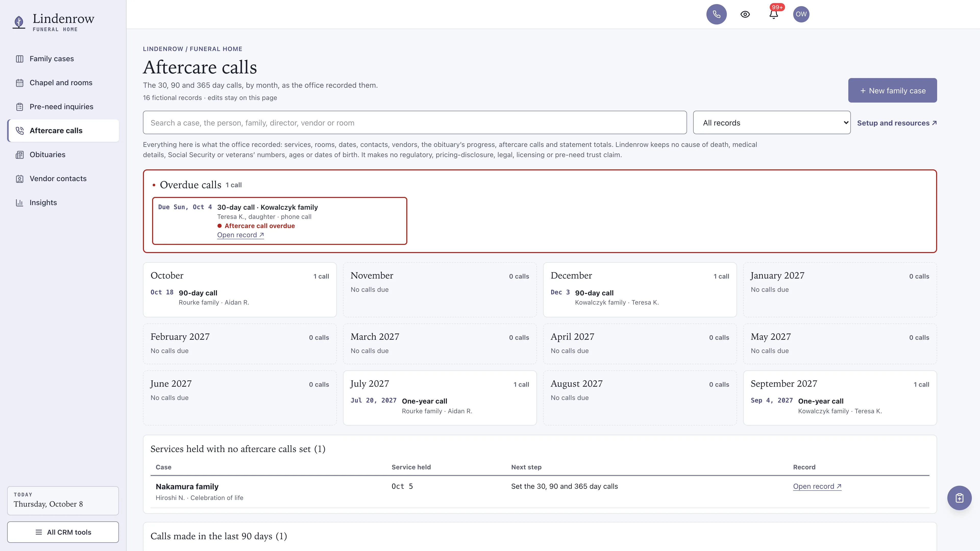 Aftercare calls in the GoSeedly Funeral Home Kit with fictional sample records