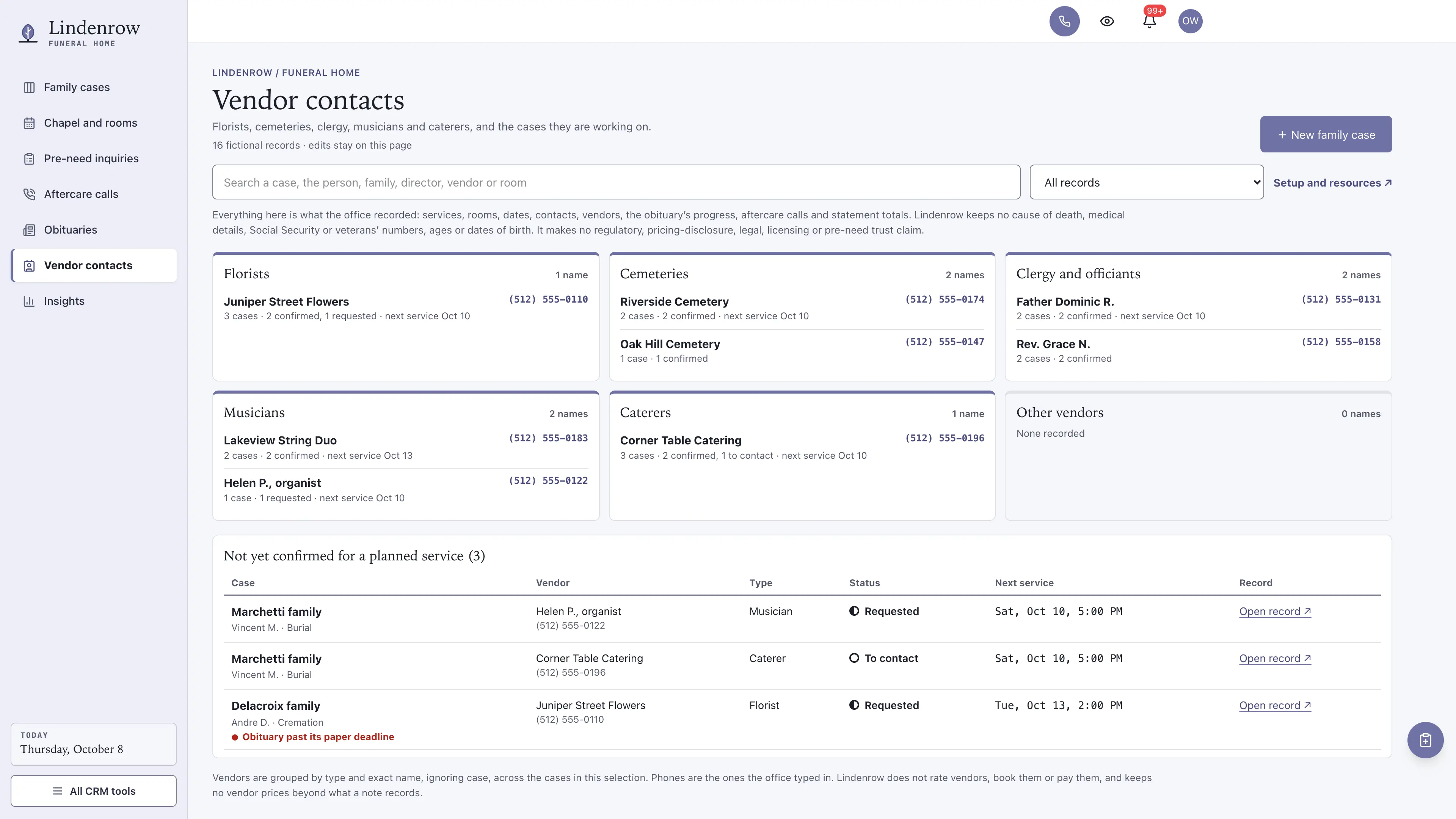 Vendor contacts in the GoSeedly Funeral Home Kit with fictional sample records