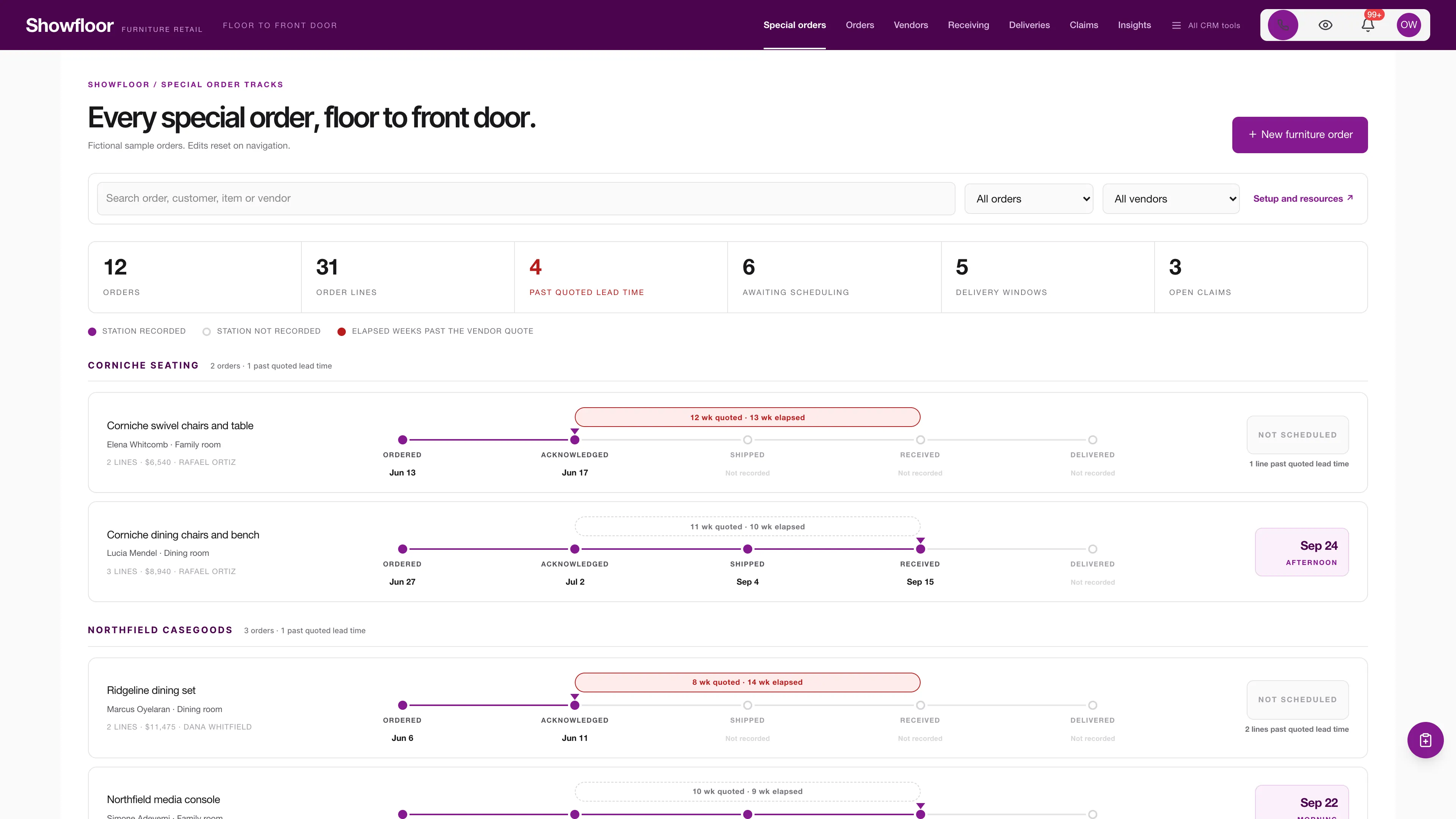 Special-order tracks with five dated station stops, a quoted-versus-elapsed lead time reading and delivery window chips using fictional sample data
