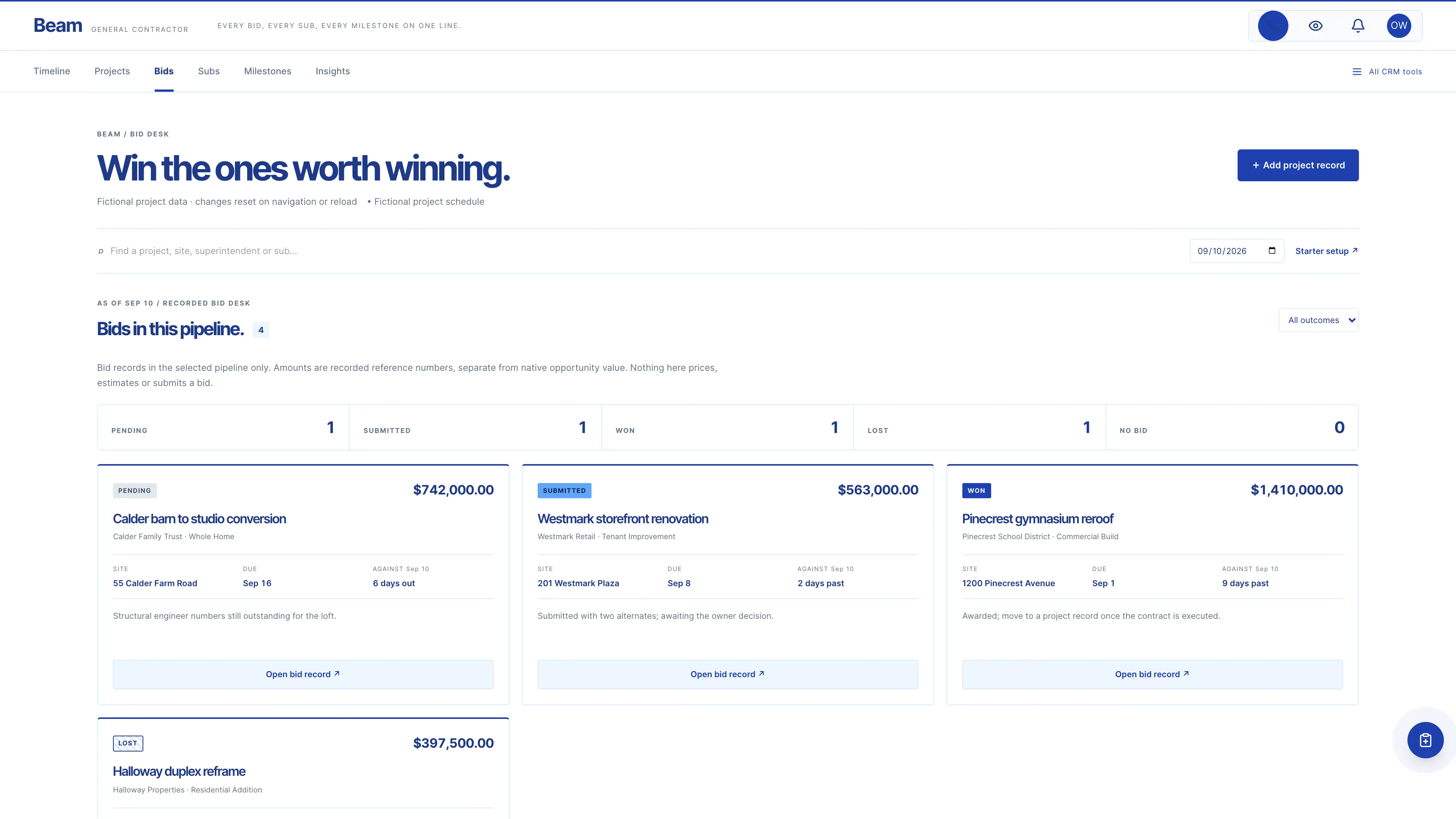 Bid desk in the GoSeedly General Contractor Kit with fictional sample records