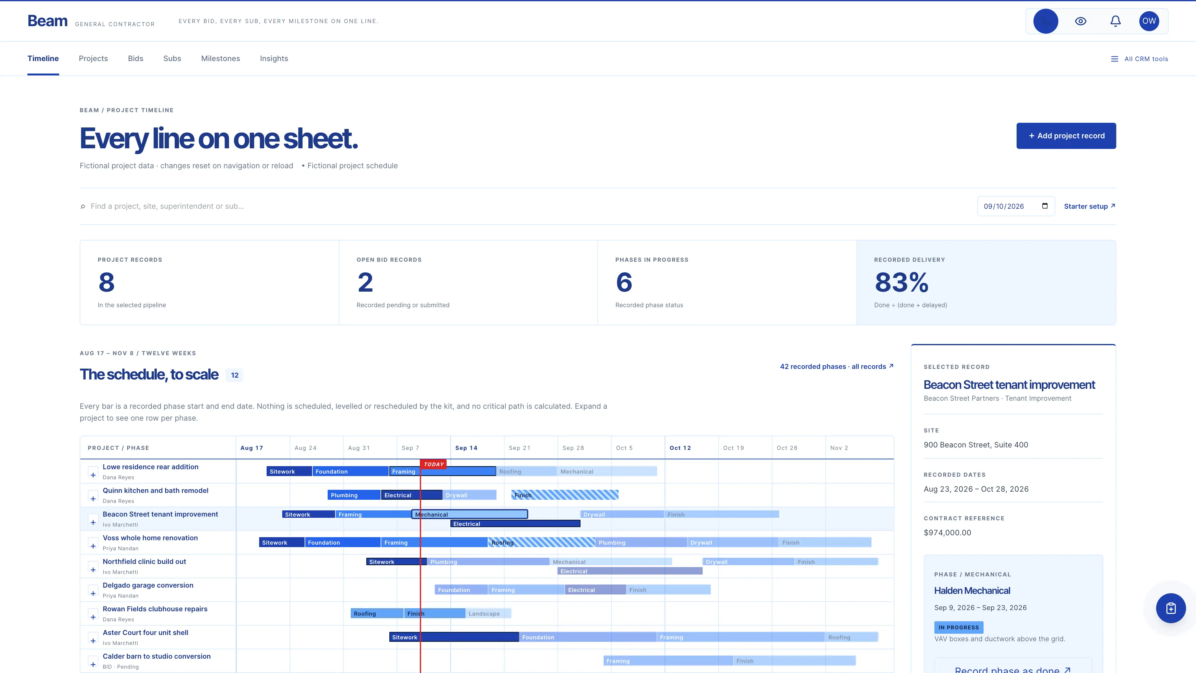 Beam general contractor project timeline with twelve week columns, tinted trade phase bars, a red today rule and a phase sub sheet using fictional sample data