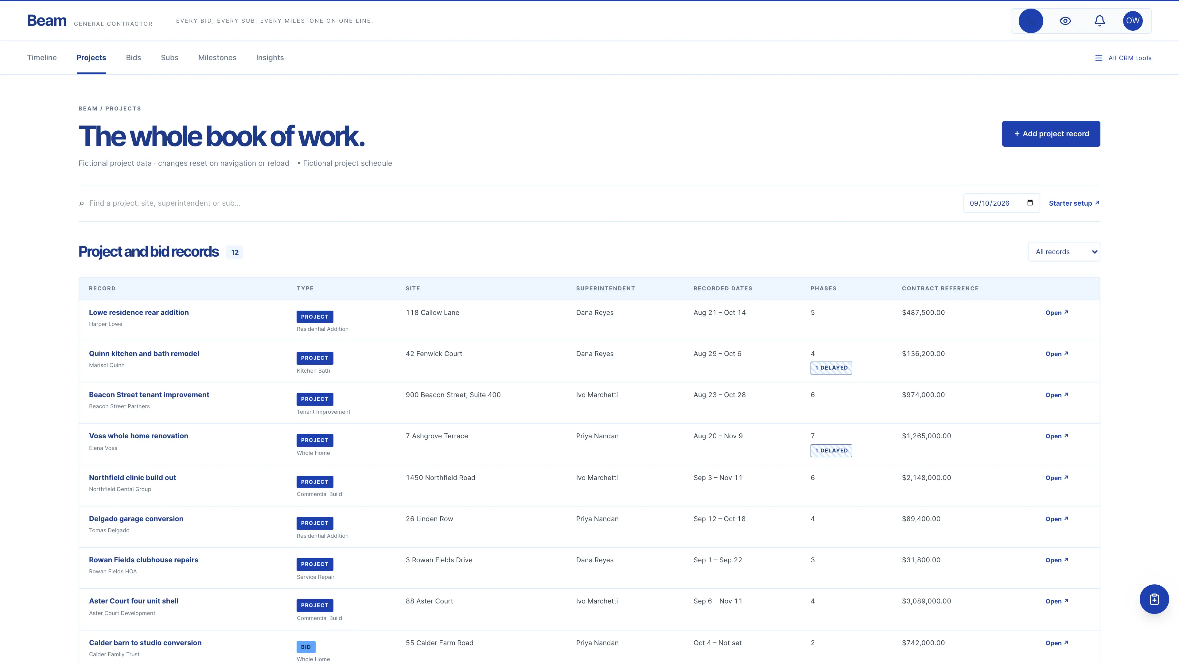 Projects in the GoSeedly General Contractor Kit with fictional sample records