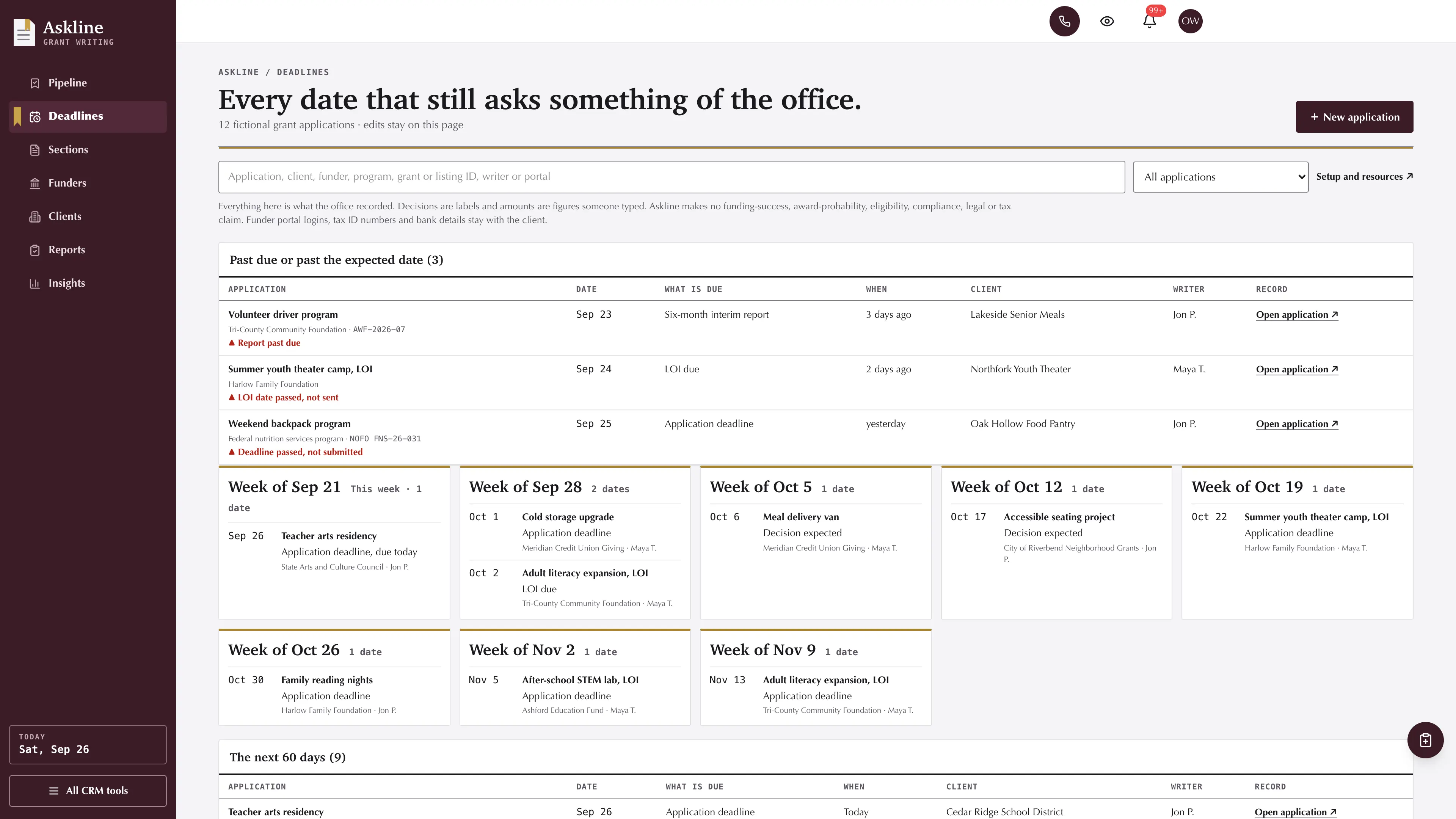 Deadlines in the GoSeedly Grant Writing Kit with fictional sample records