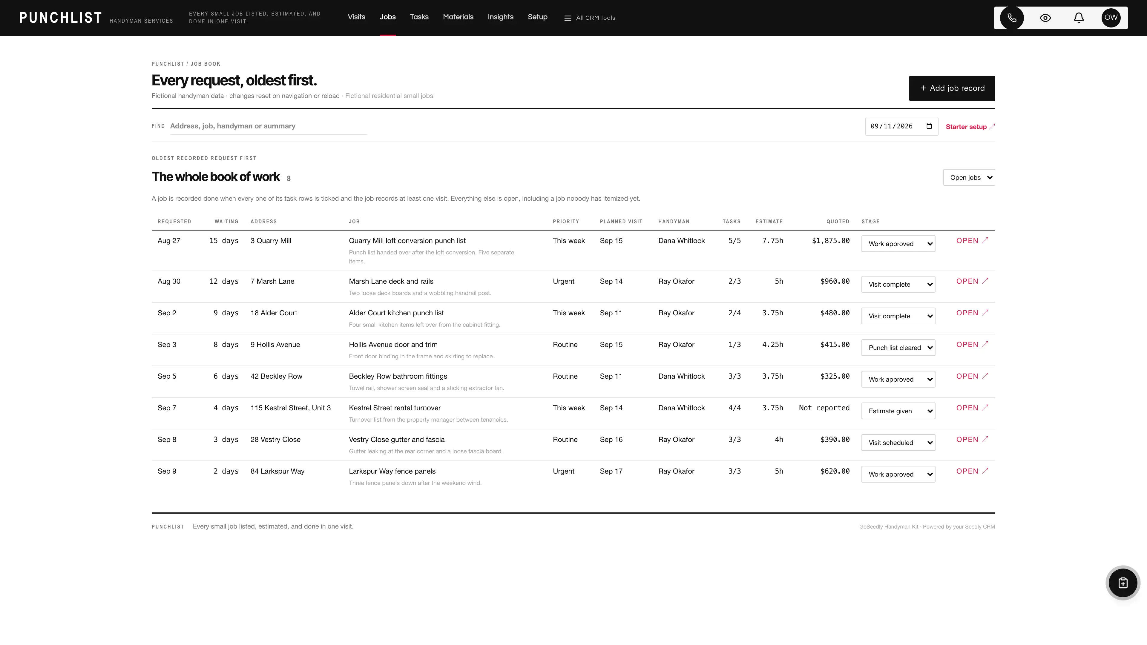 Job book in the GoSeedly Handyman Kit with fictional sample records