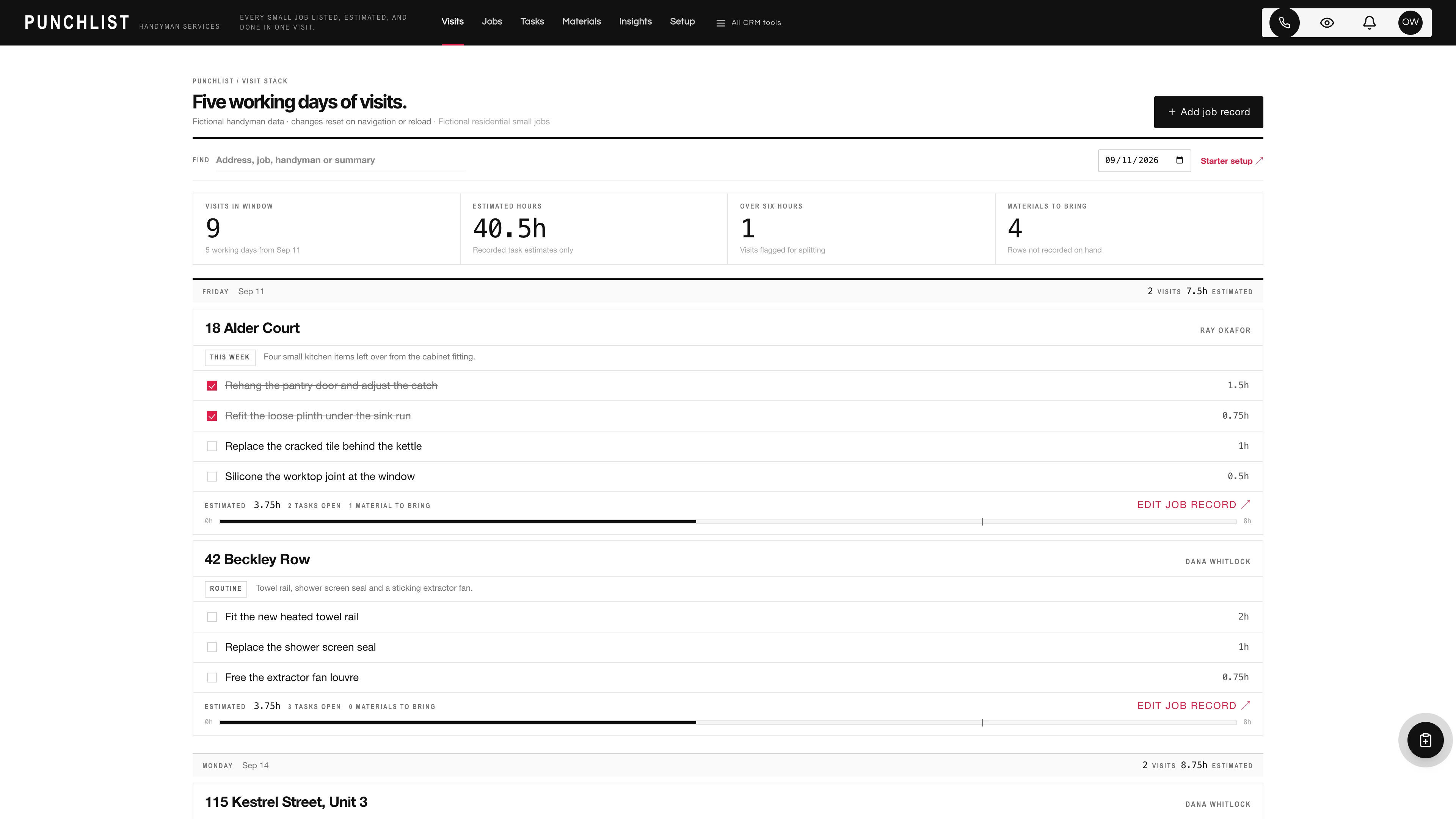 Handyman visit stack with day bands, wide address cards, punch list task rows with hour estimates and proportional hours bars using sample data