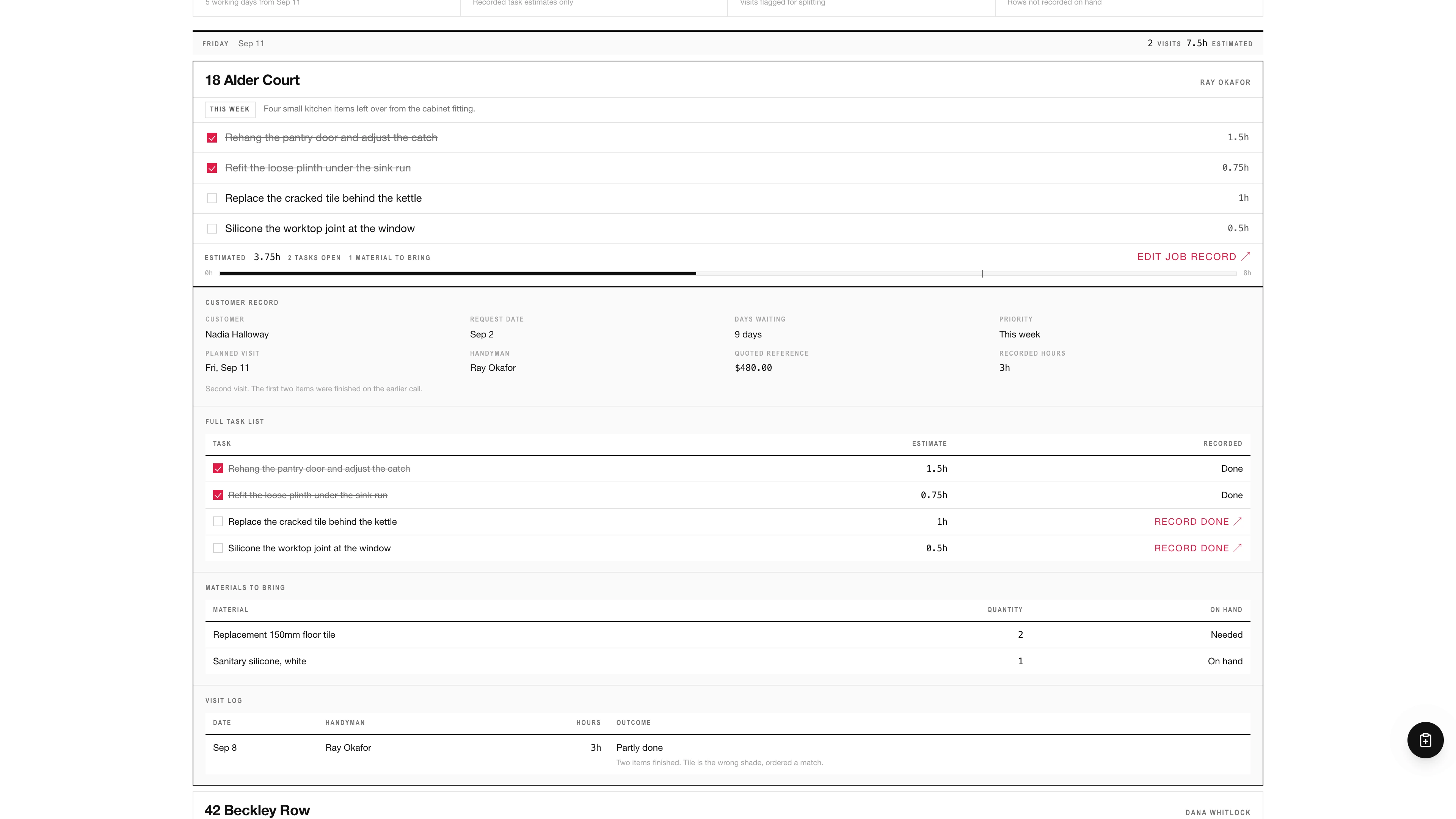 Visit sheet in the GoSeedly Handyman Kit with fictional sample records