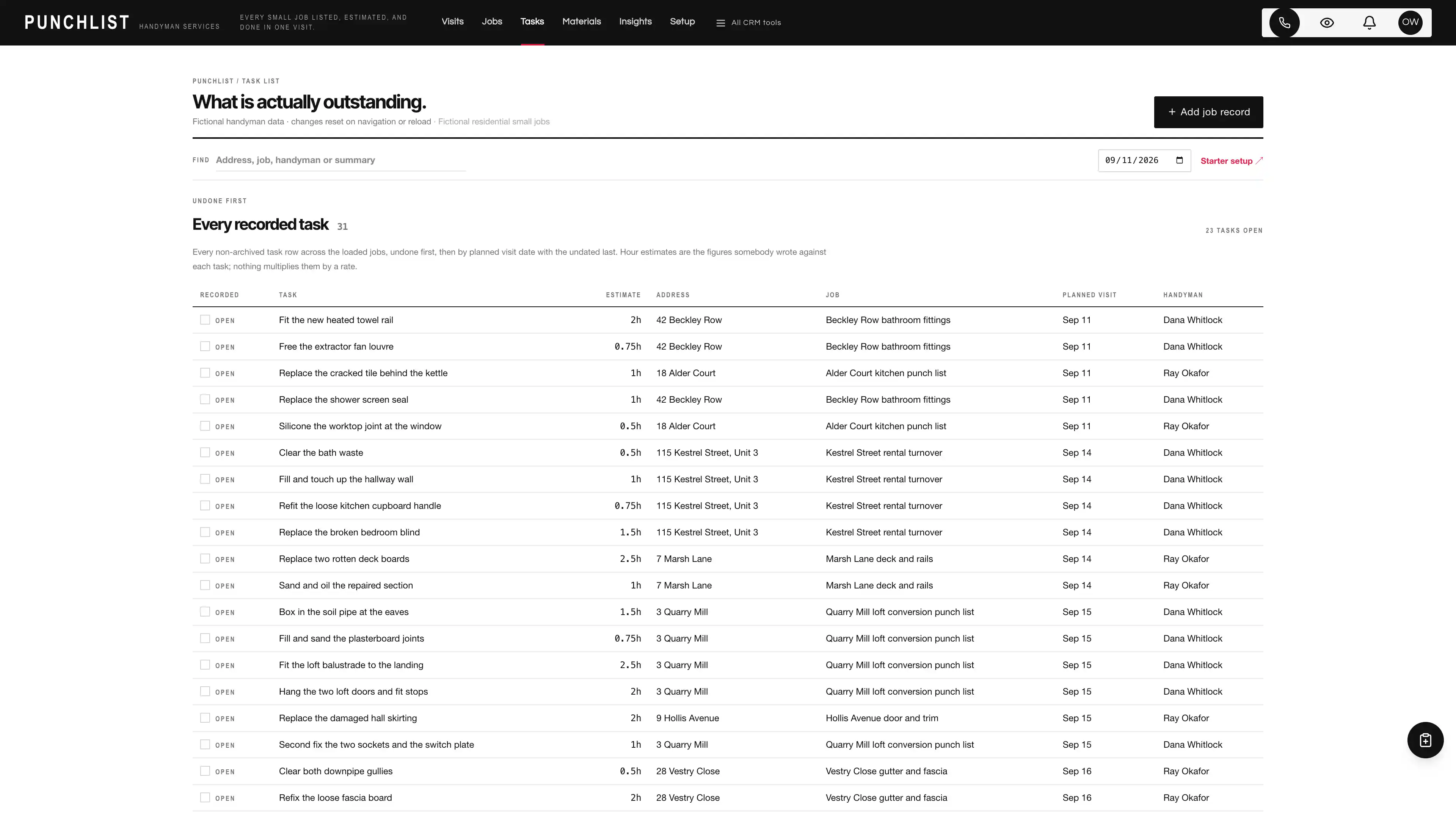 Task list in the GoSeedly Handyman Kit with fictional sample records
