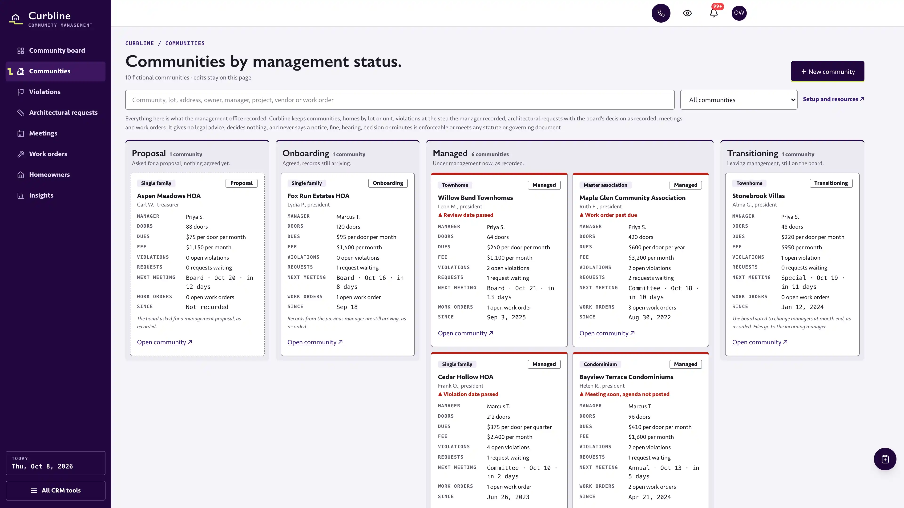 Communities in the GoSeedly HOA & Community Management Kit with fictional sample records