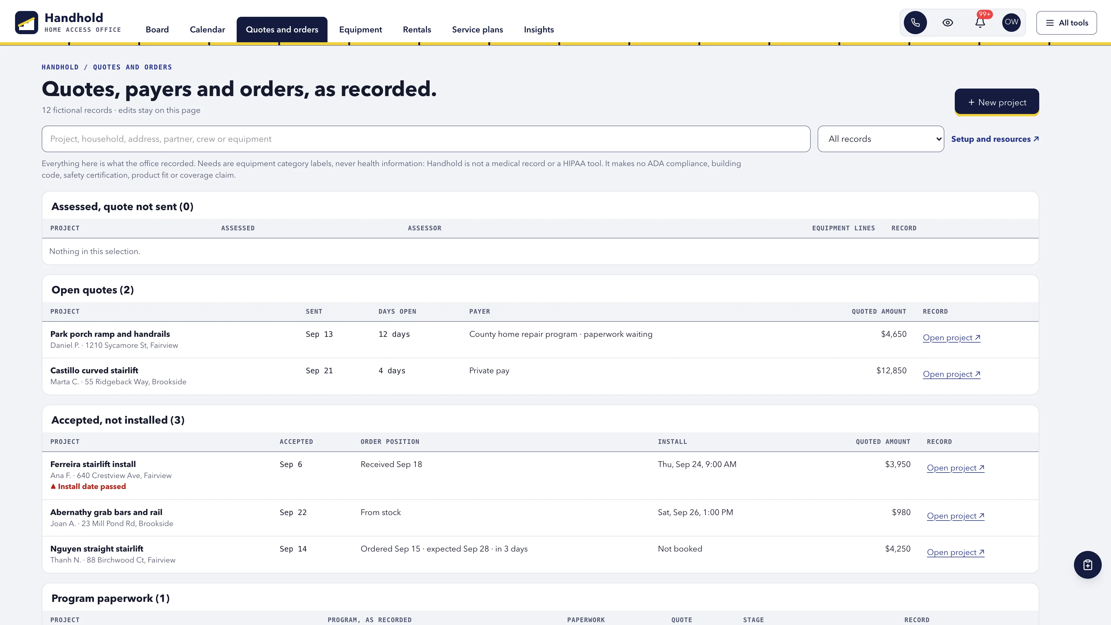Quotes and orders in the GoSeedly Home Accessibility & Stairlifts Kit with fictional sample records