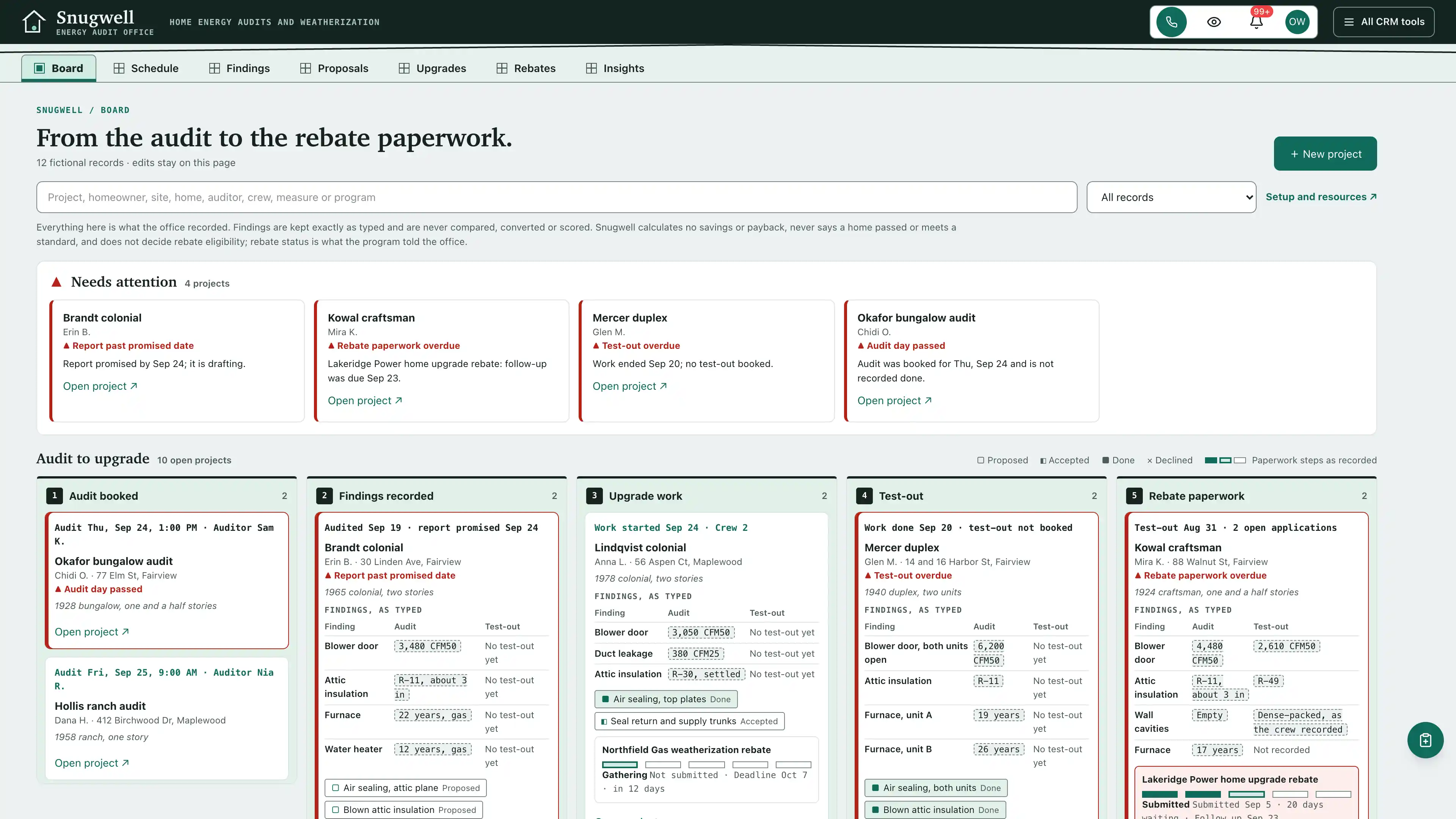 Dark evergreen top bar over a pale jade envelope band with window-shaped view tabs, beside a needs-attention strip and five board columns of project cards, each with findings as typed at the audit and the test-out, measure chips and rebate paperwork strips, using fictional sample data