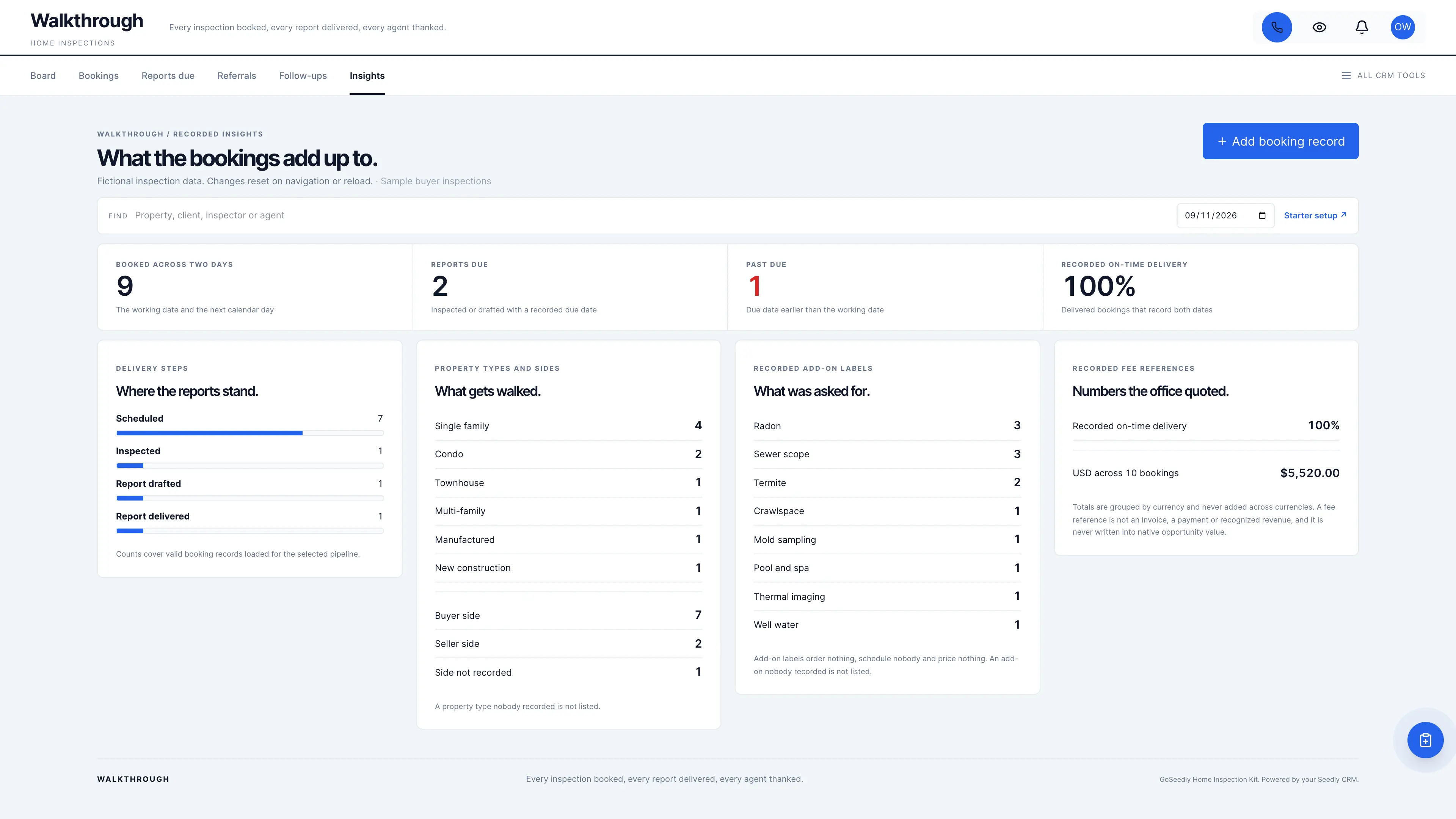 Recorded insights in the GoSeedly Home Inspection Kit with fictional sample records