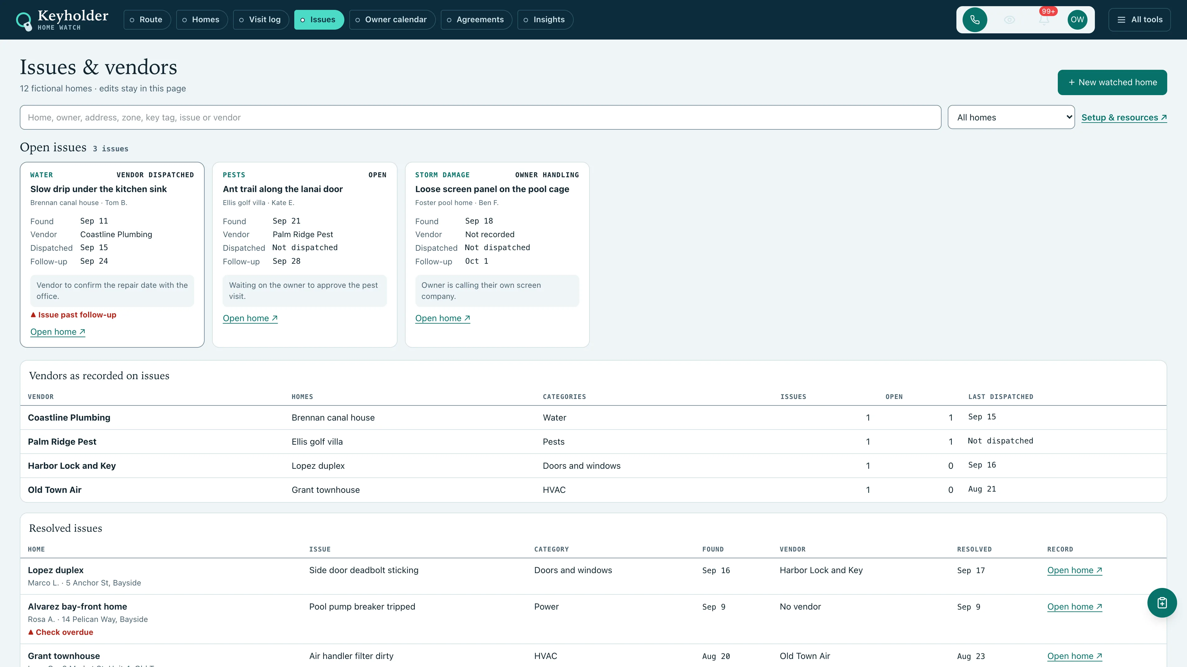 Issues & vendors in the GoSeedly Home Watch Kit with fictional sample records