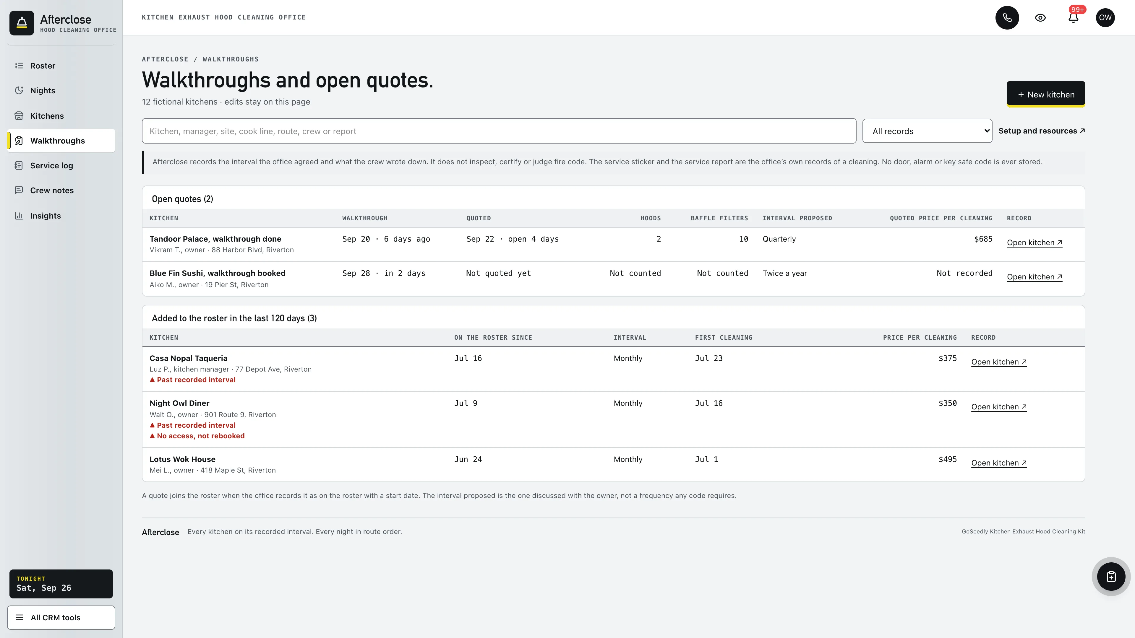 Walkthroughs in the GoSeedly Kitchen Exhaust Hood Cleaning Kit with fictional sample records