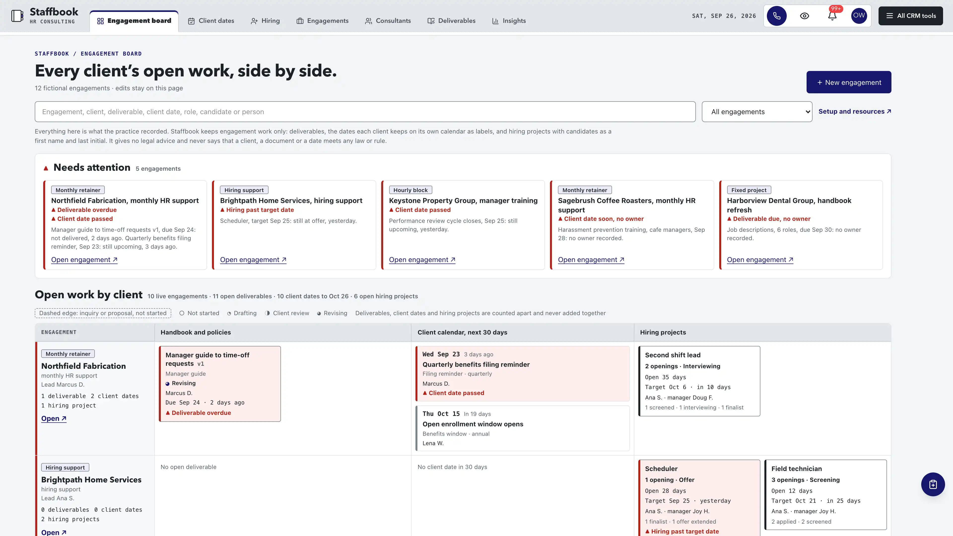 Pewter top bar with index-tab views, midnight indigo accents and a tabbed handbook mark over a needs-attention strip of five engagements and a board with one row per client and columns for handbook and policy deliverables, client calendar dates and hiring projects, alerts flagged in red, using fictional sample data
