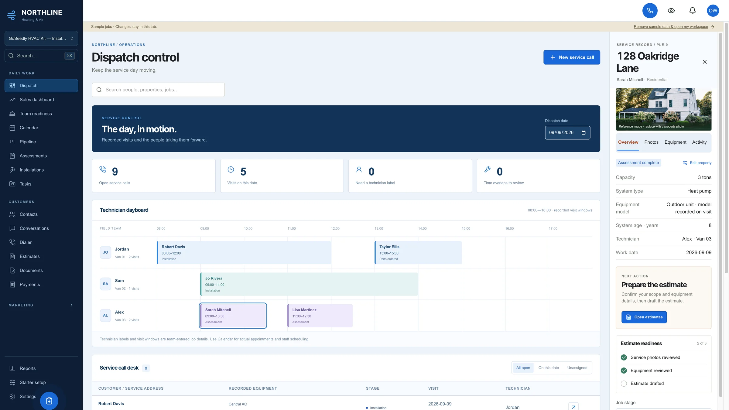 GoSeedly HVAC Kit dispatch control with a technician dayboard, sample service calls, and equipment details