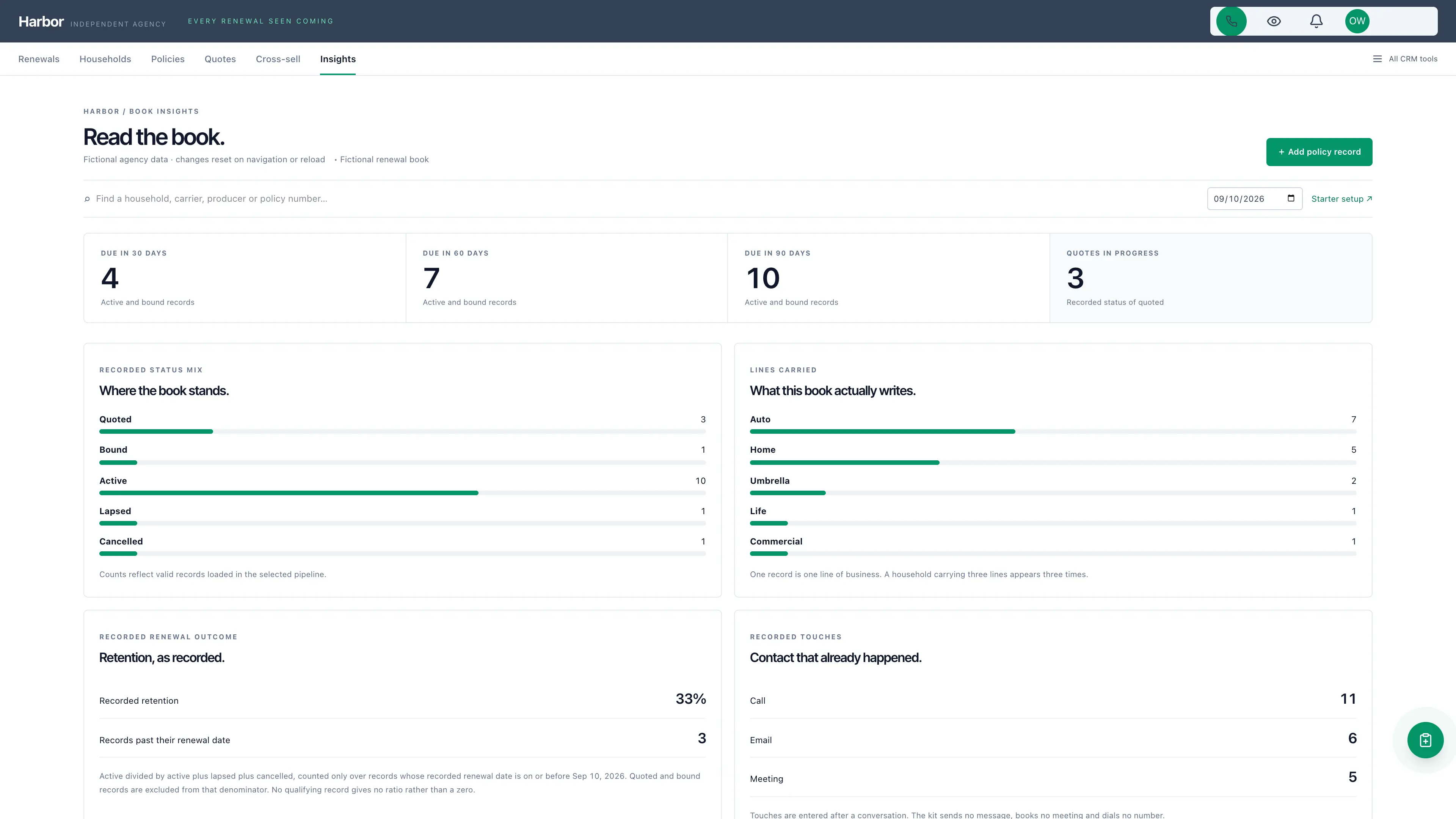 Book insights in the GoSeedly Insurance Agency Kit with fictional sample records