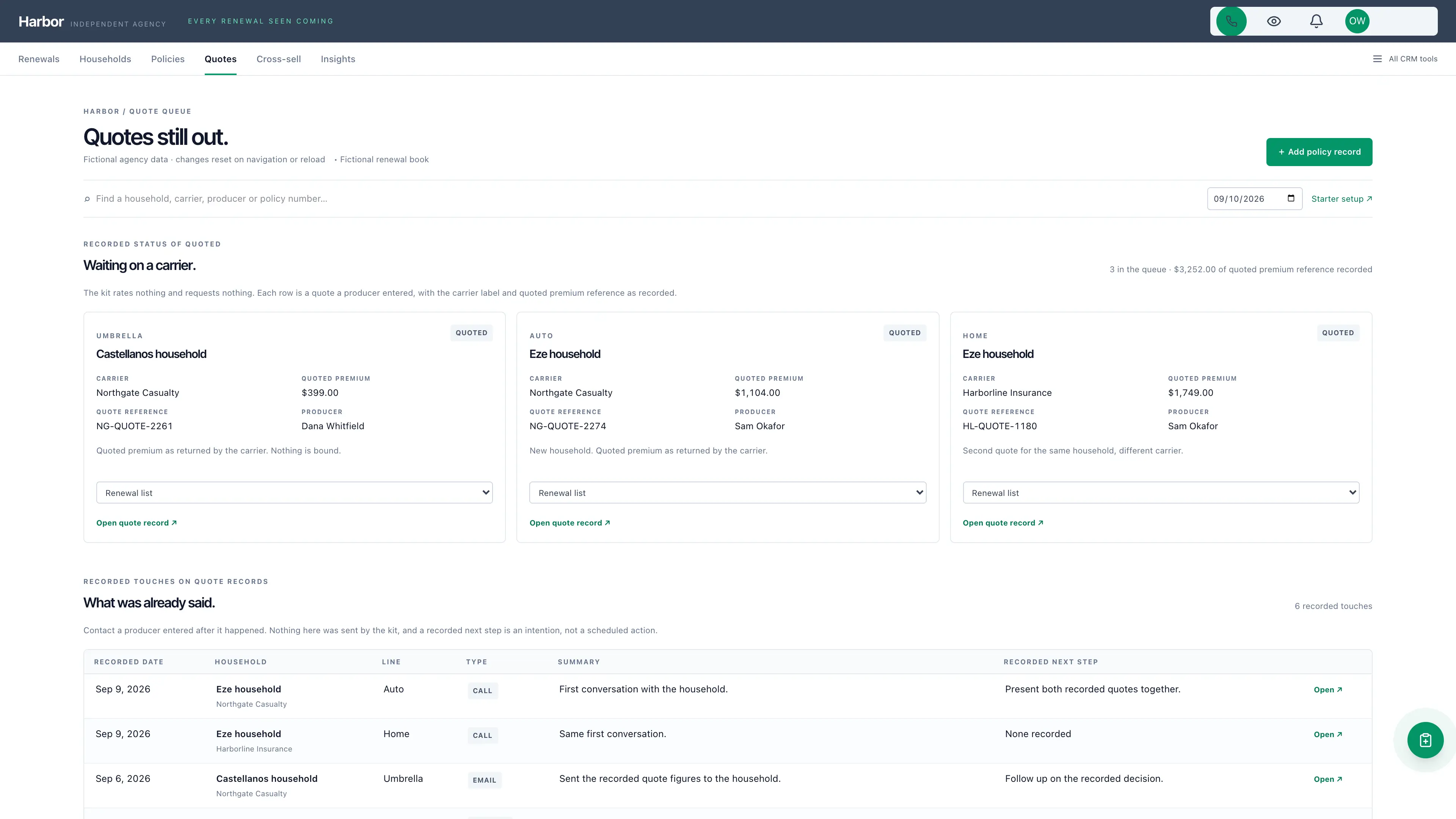 Quote queue in the GoSeedly Insurance Agency Kit with fictional sample records