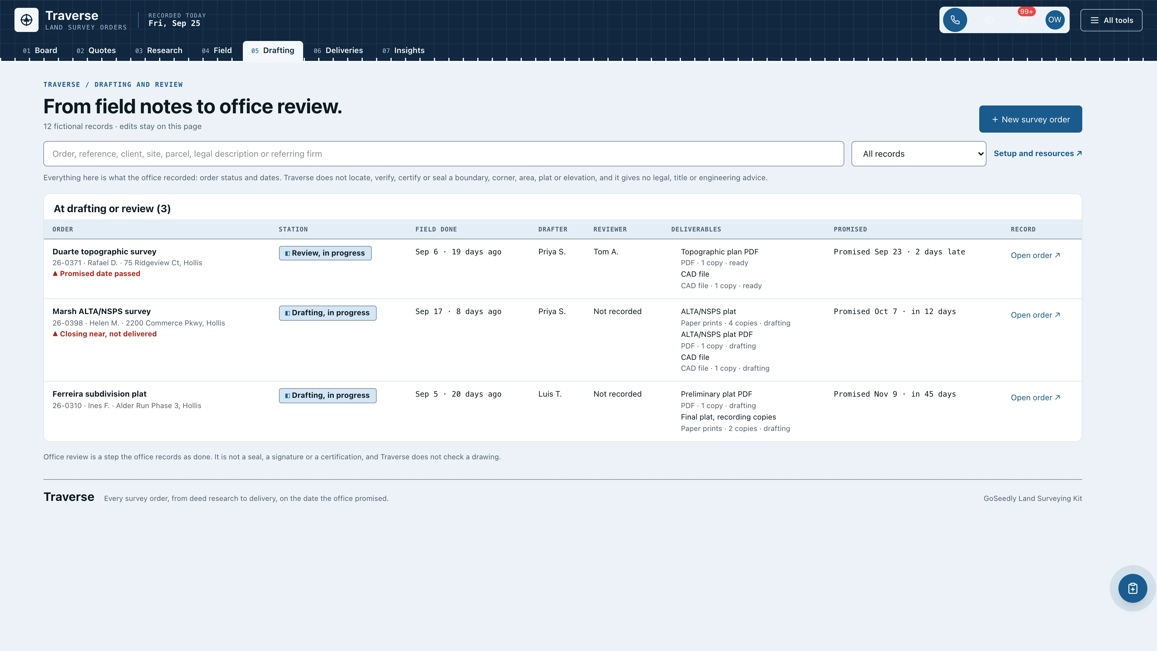 Drafting and review in the GoSeedly Land Surveying Kit with fictional sample records