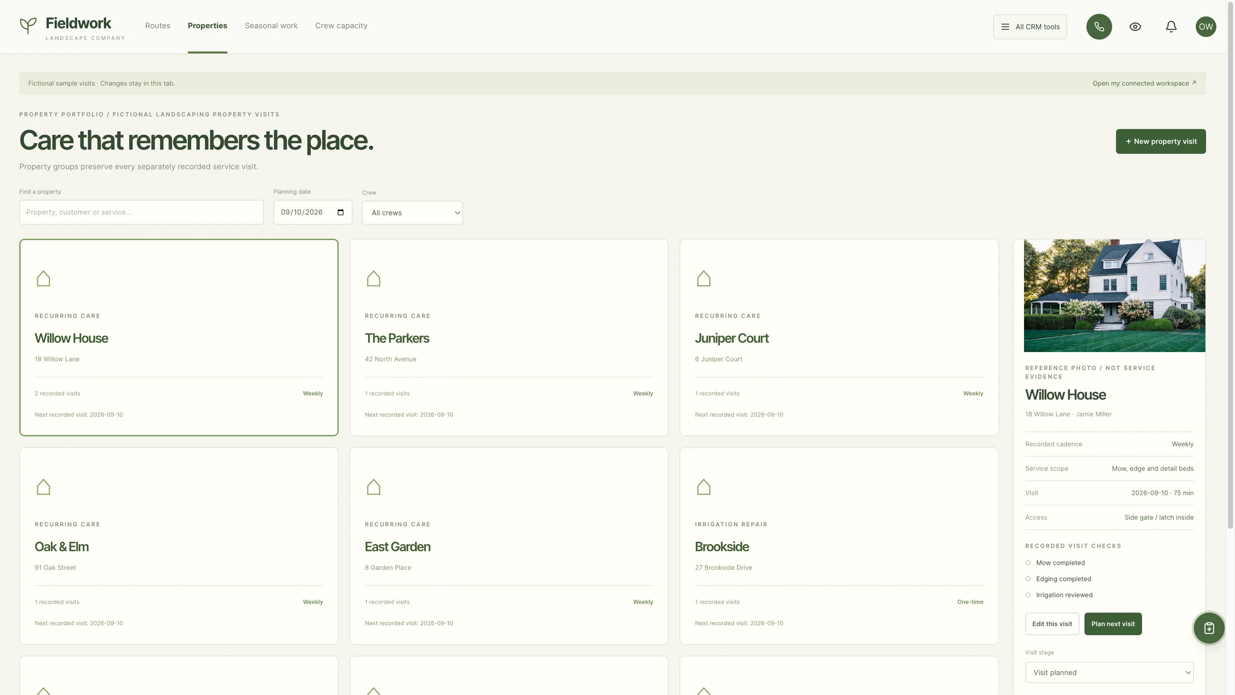 Property portfolio in the GoSeedly Landscaping Kit with fictional sample records