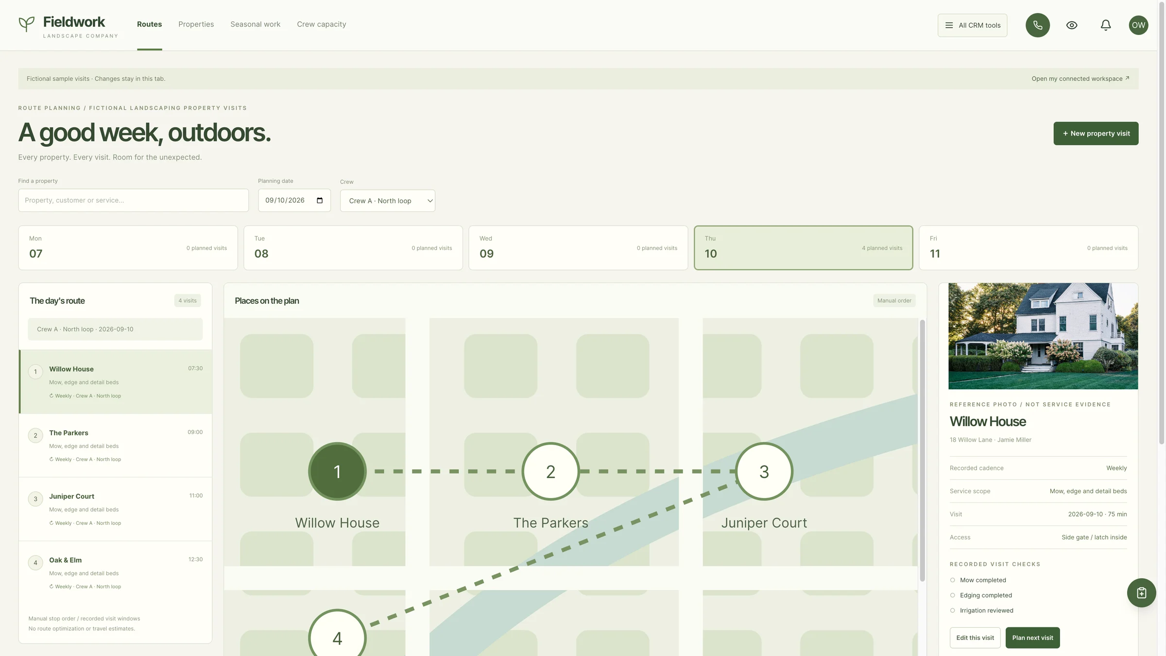 GoSeedly Landscaping Kit showing fictional property visits, a stop manifest, and a route schematic